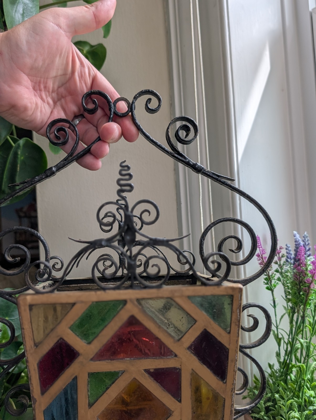 Antique Wrought Iron Lantern Stained Glass Hanging Light Lamp Porch Ornate