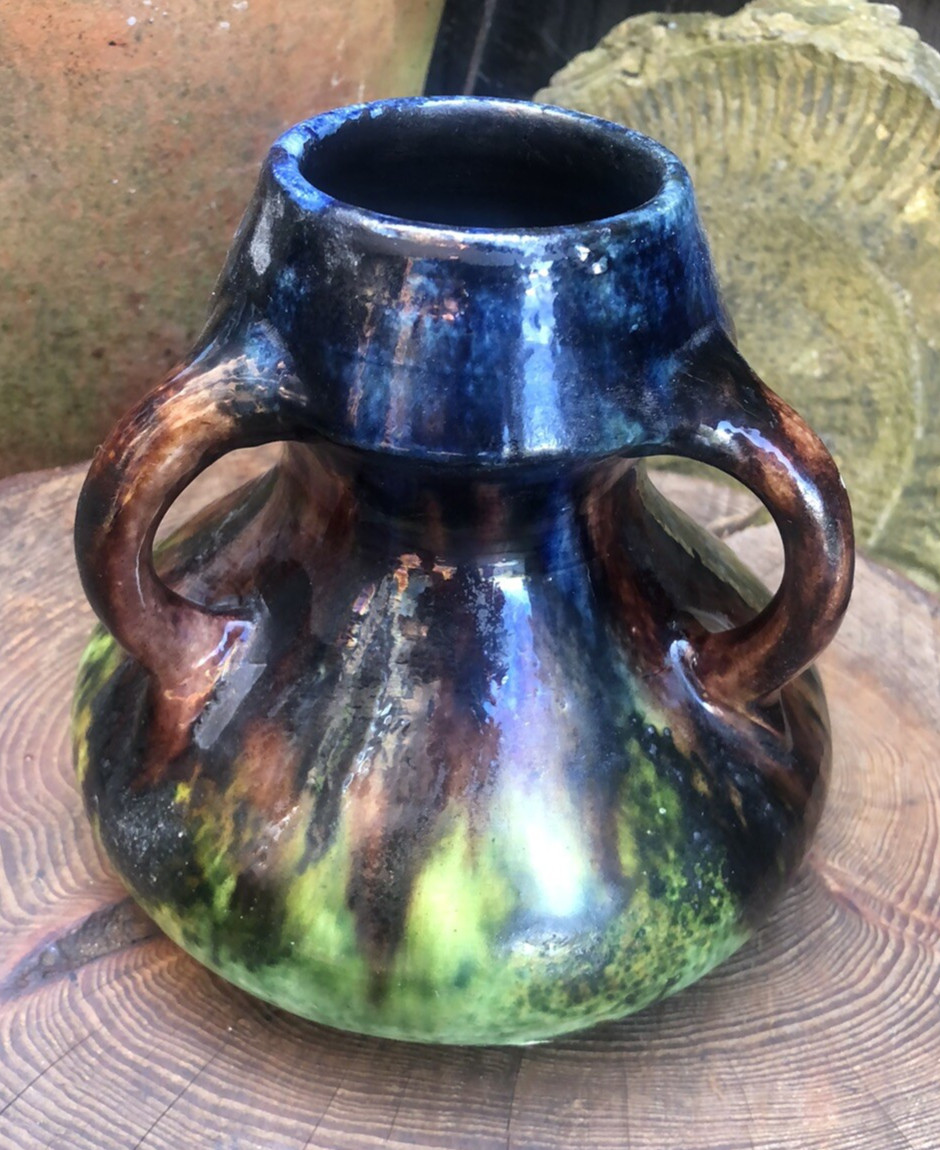 Antique Belgian art pottery tyg vase arts & crafts blue drip tin glaze studio