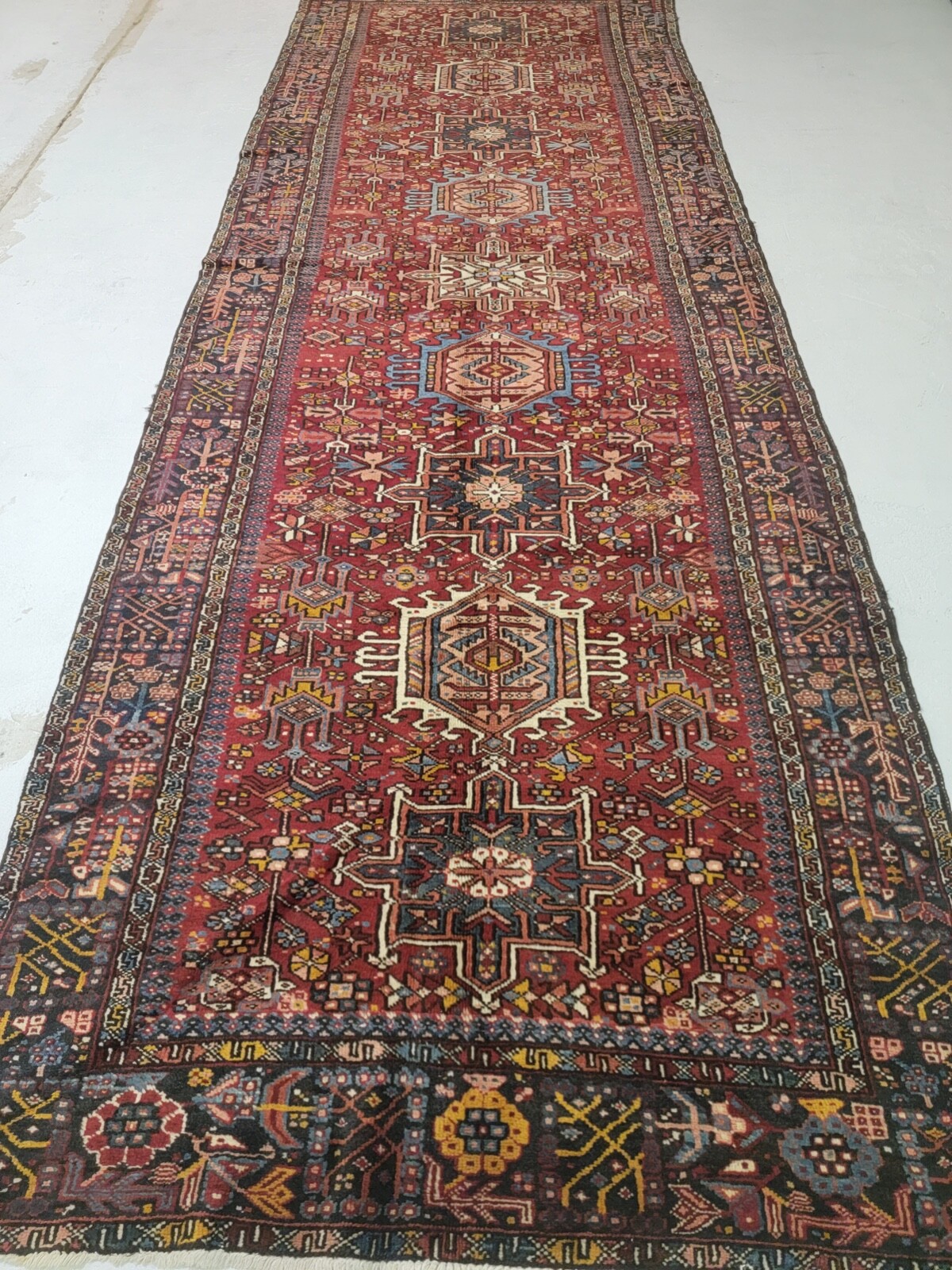 Antique Oriental Hand-Knotted Wool Runner Red/Ivory/Black/Blue 4’10” x 14’5″