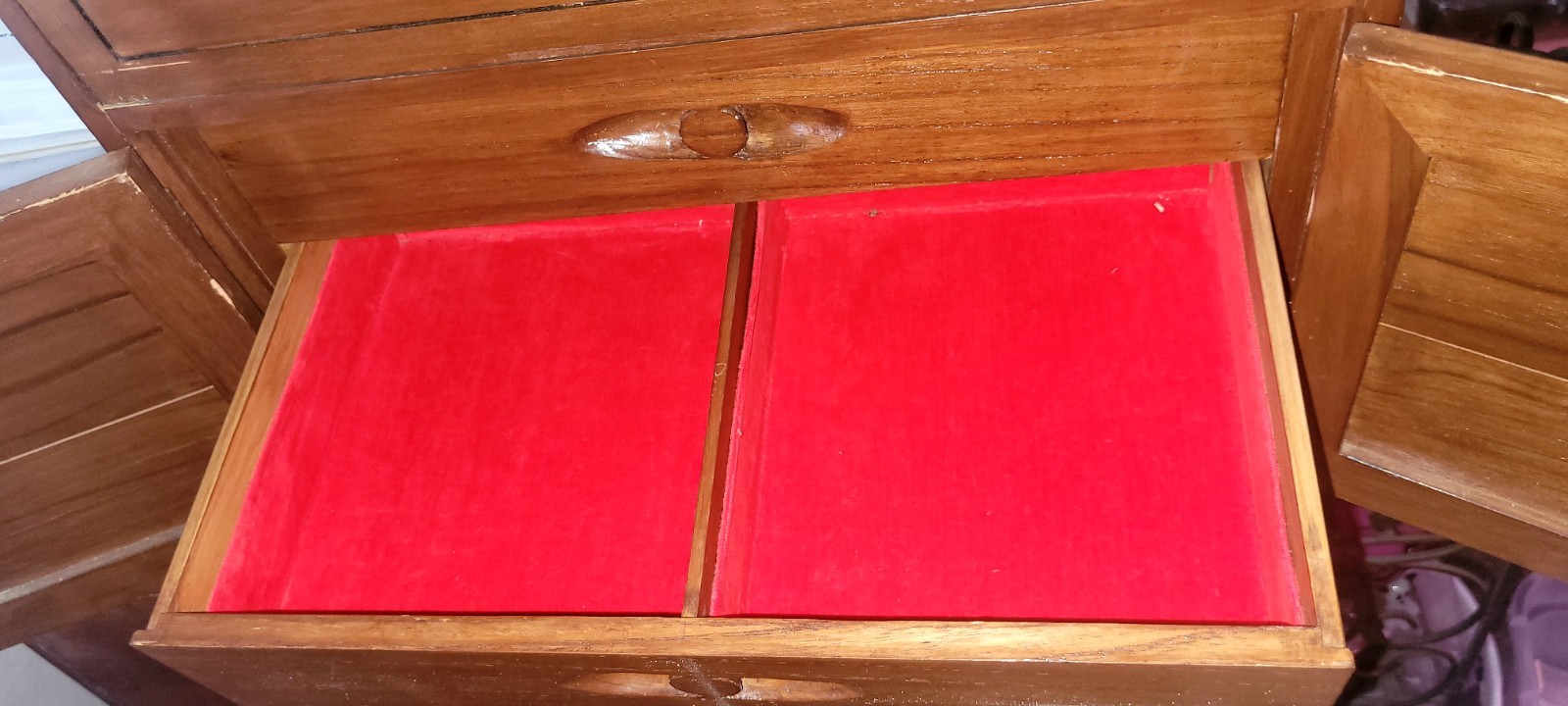 Vintage Asian Secretary Jewelry RARE Box Cabinet Carved Wood Red Velvet Drawers