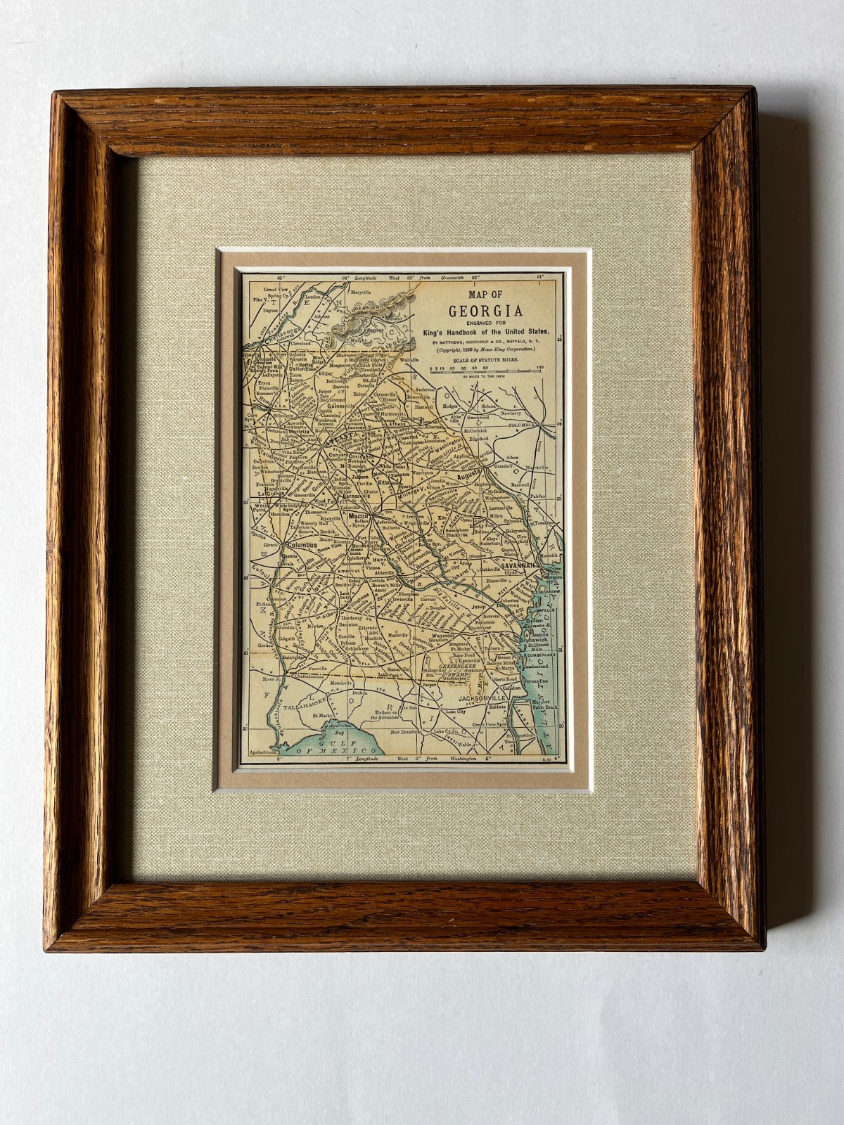1892 GEORGIA “Copper” State Map by Matthews-Northrup Co. Frame/Mat SEE DESCRIP