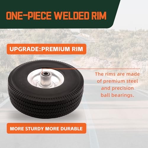 RRQ 10 Inch Solid Polyurethane Tire 4.10/3.50-4 Tire, 10″ Flat Free Wheels