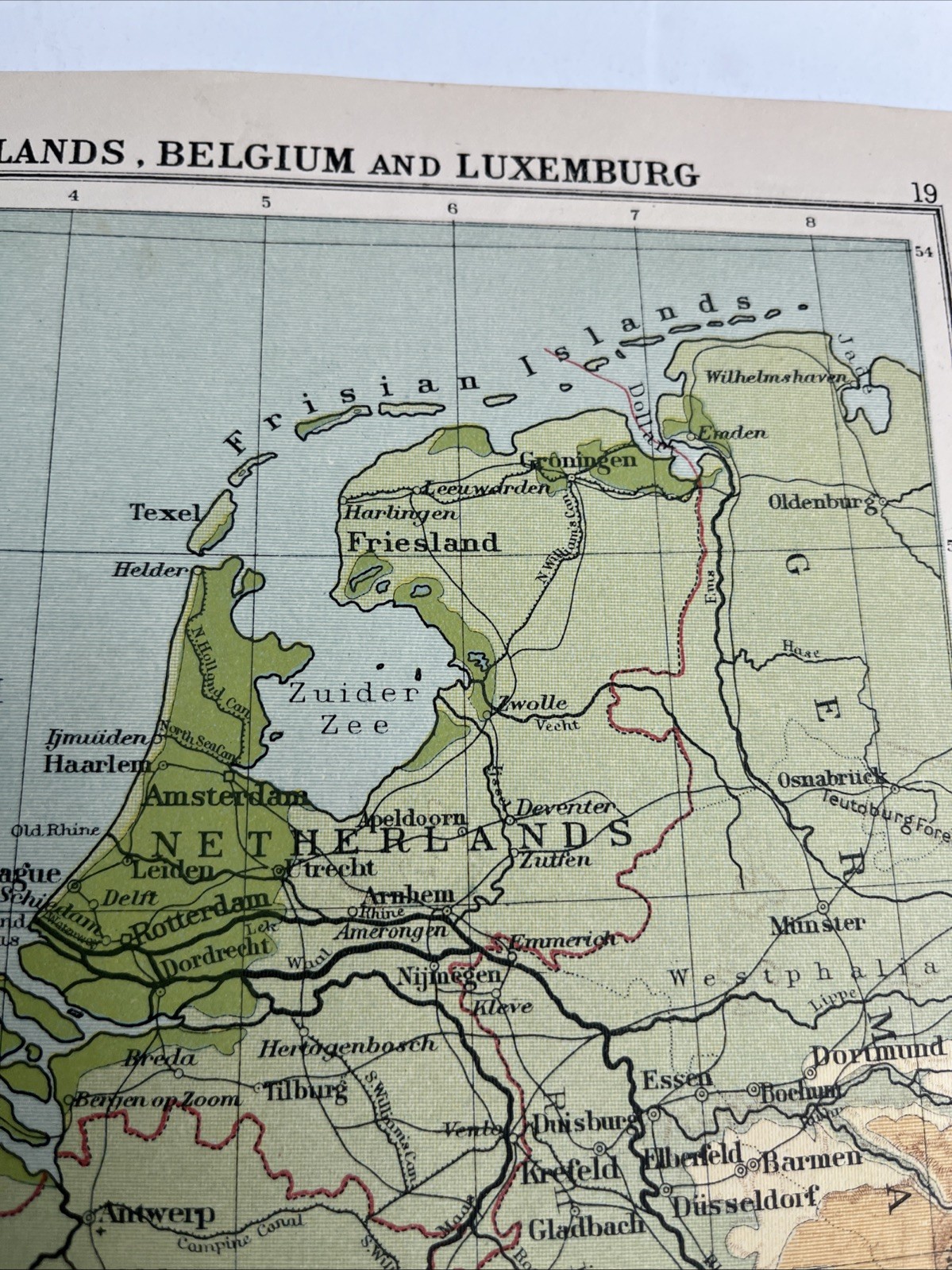 1923: Map Netherlands Belgium & Luxembourg Luxemburg Physical BC #19 Antique old