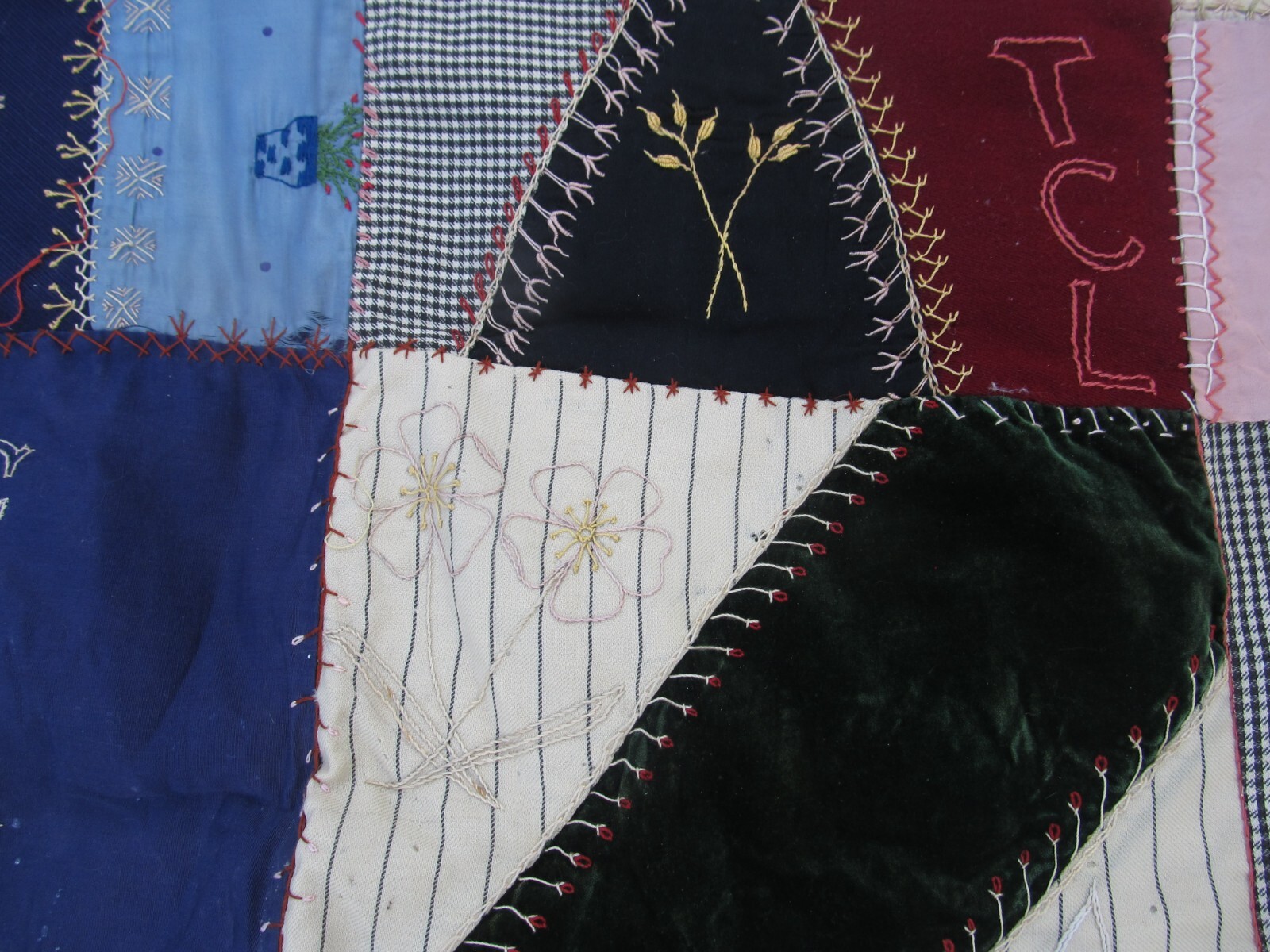 THE BEST 1890 Antique Handmade Patchwork & Embroidered CRAZY Quilt, w/INITIALS