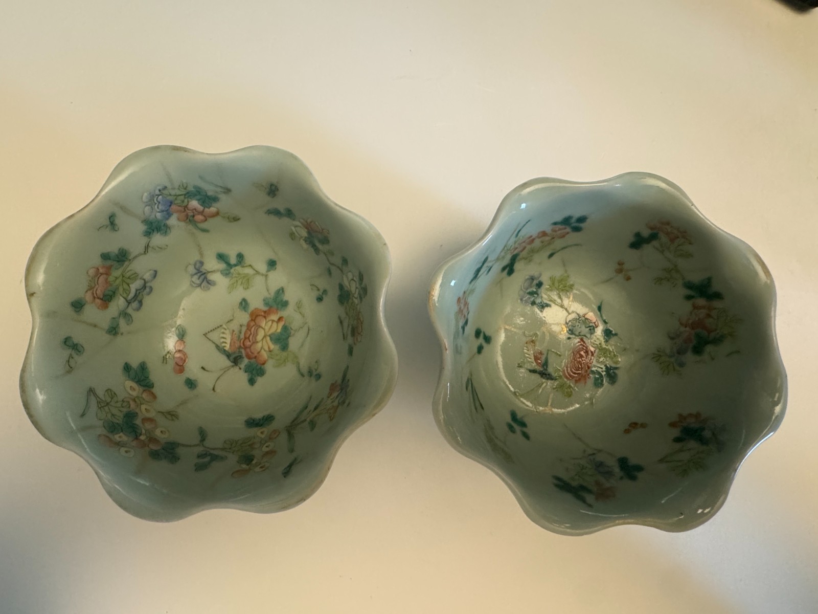 Pair Antique Chinese Celadon Famille Rose Lobed Porcelain Cachepots Flower Bowls