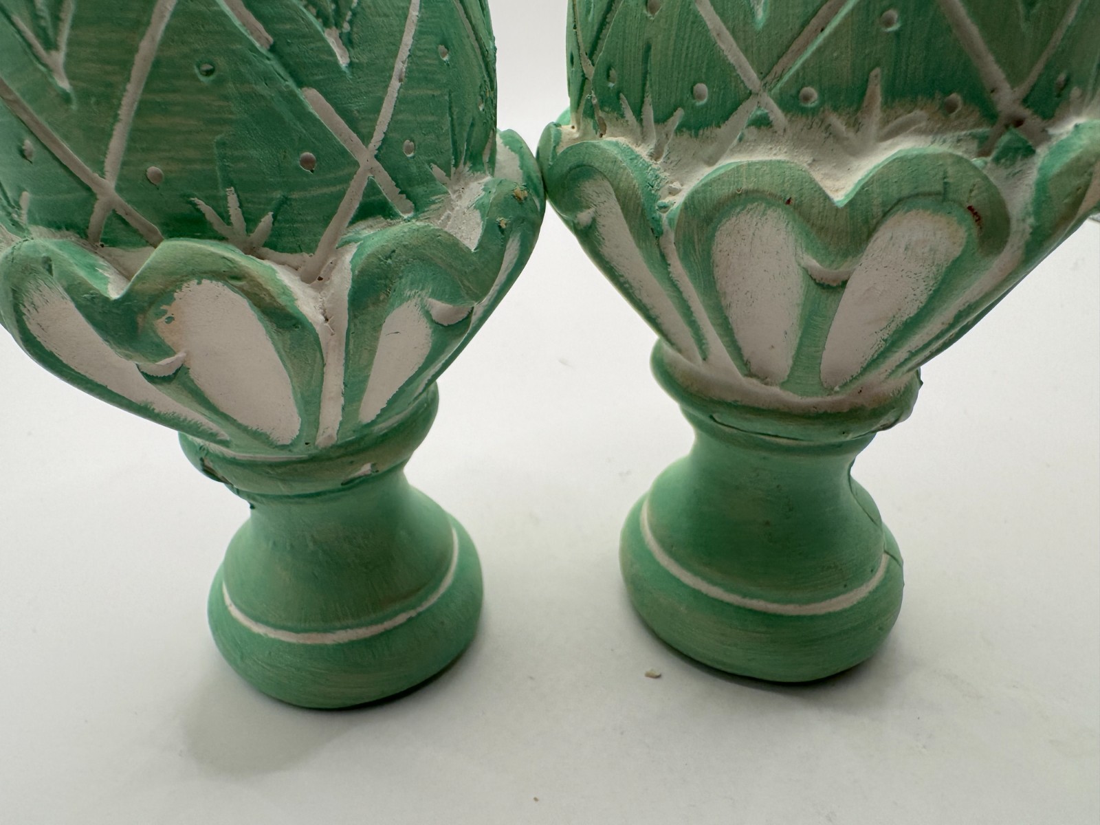 Vintage Pair Pineapple Artichoke Finials Painted Chalkware Green 6 3/4″ Tall