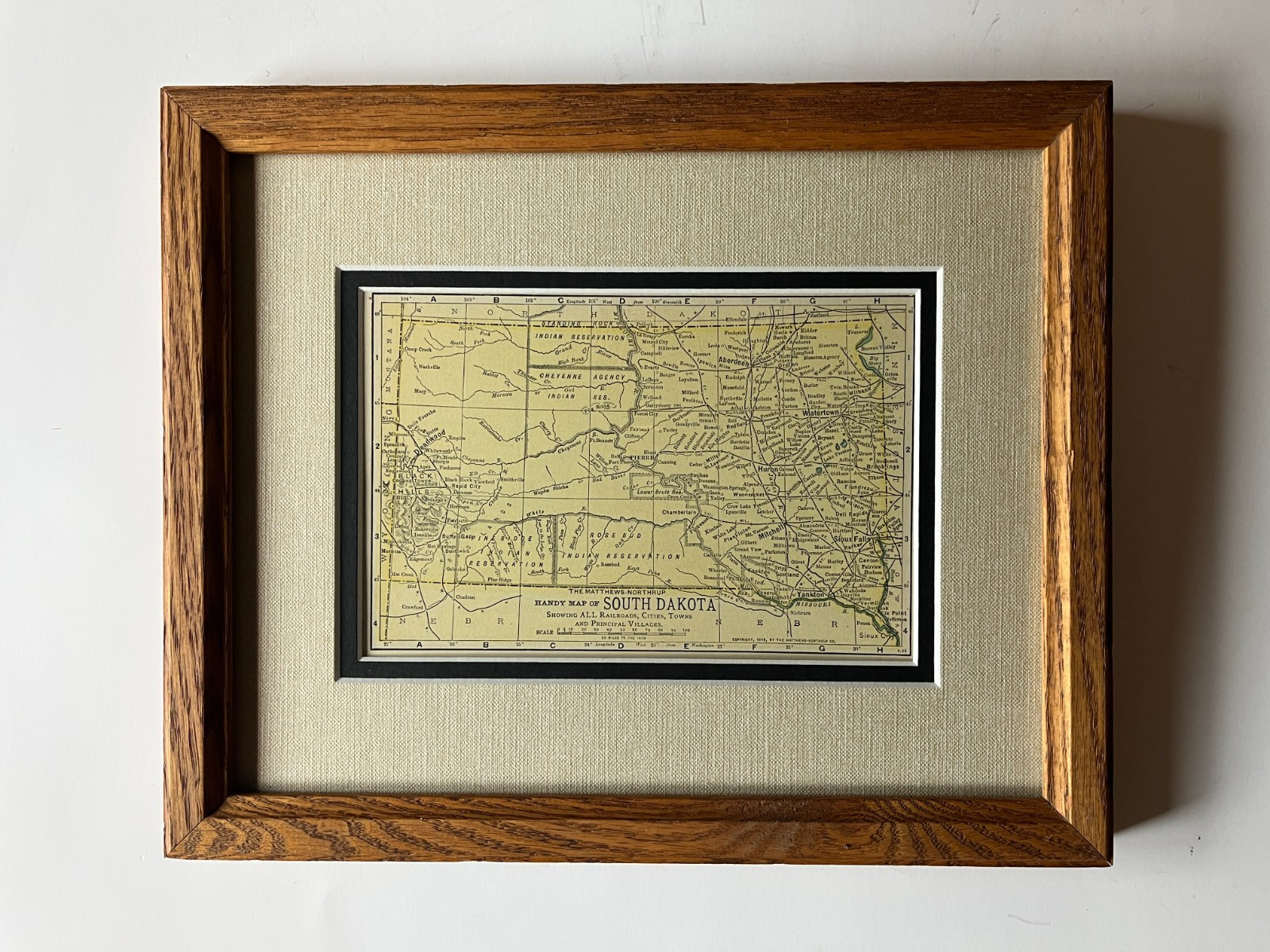 1898 SOUTH DAKOTA State Map by Matthews-Northrup, Framed w/Dbl Mat SEE DESCRIP