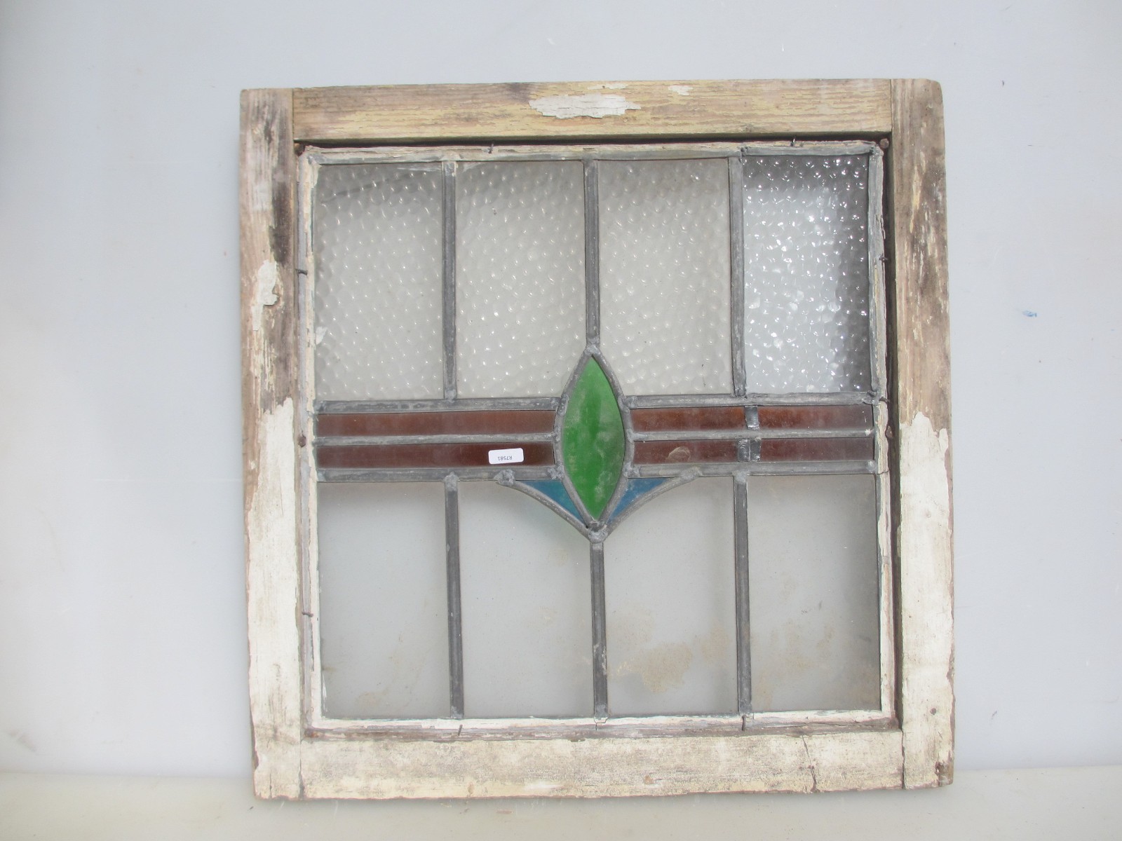 Antique Stained Glass Window Panel Vintage Old Art Nouveau Wooden 20.5×17″