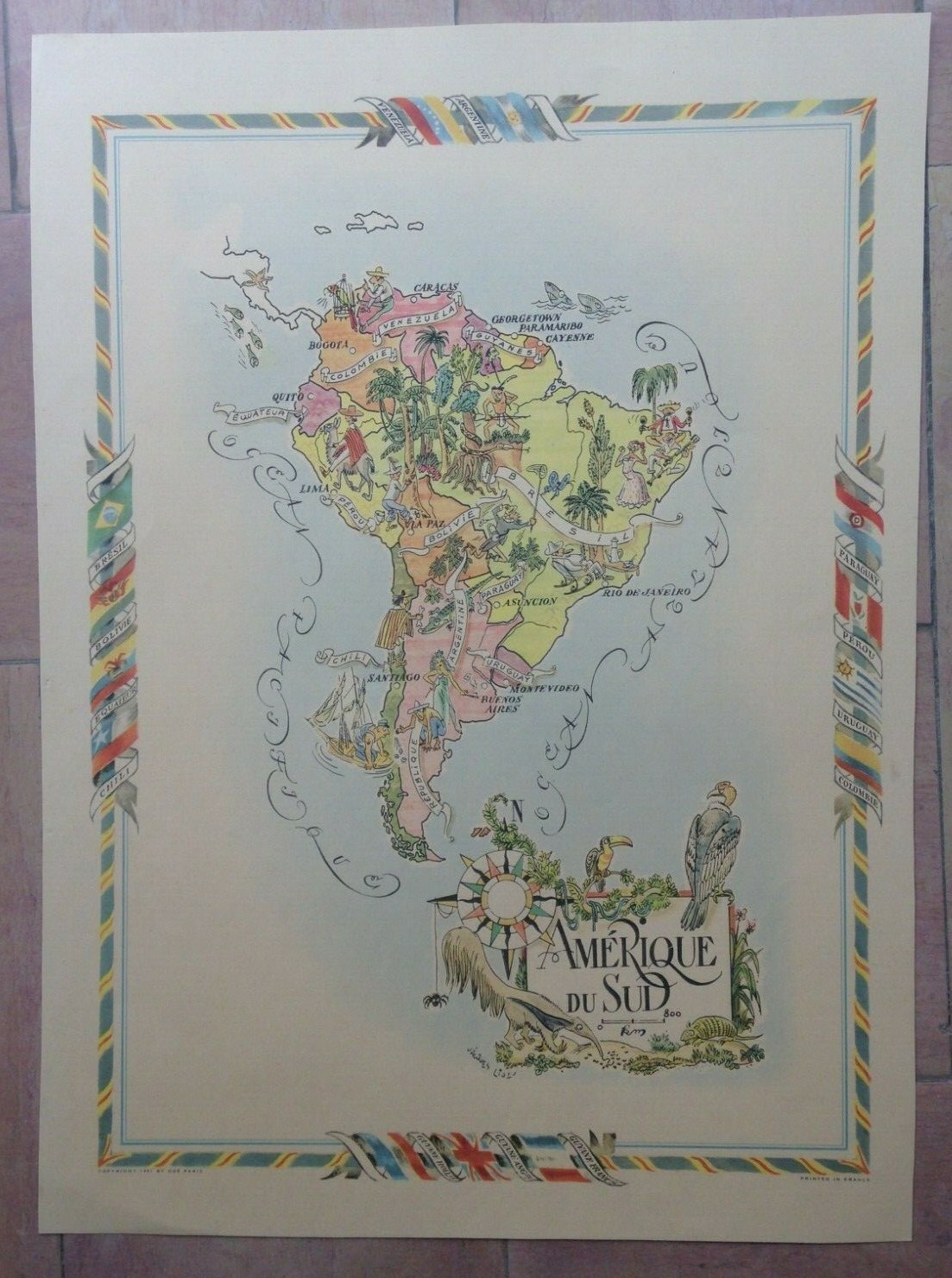 SOUTH AMERICA 1951 by JACQUES LIOZU LARGE PICTORIAL MAP XXe CENTURY ED PARIS