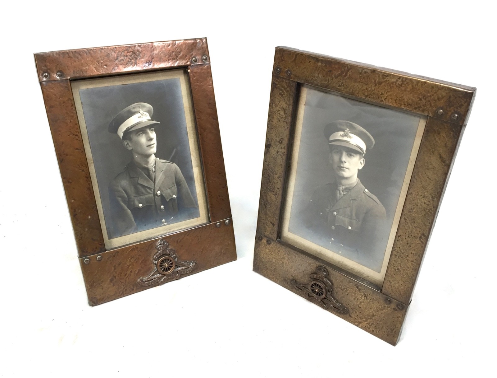 Antique Early 20th Century Pair of Copper Front & Wooden Military War Frames
