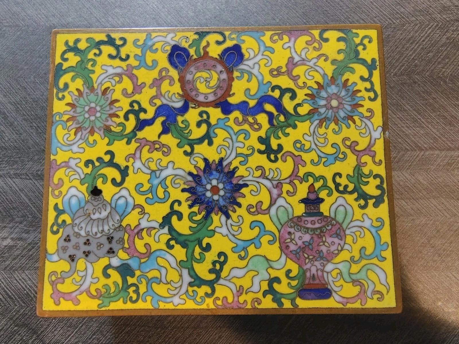 Antique Chinese Republic Yellow Canton Enamel Hinged Brass Trinket Jewelry Box