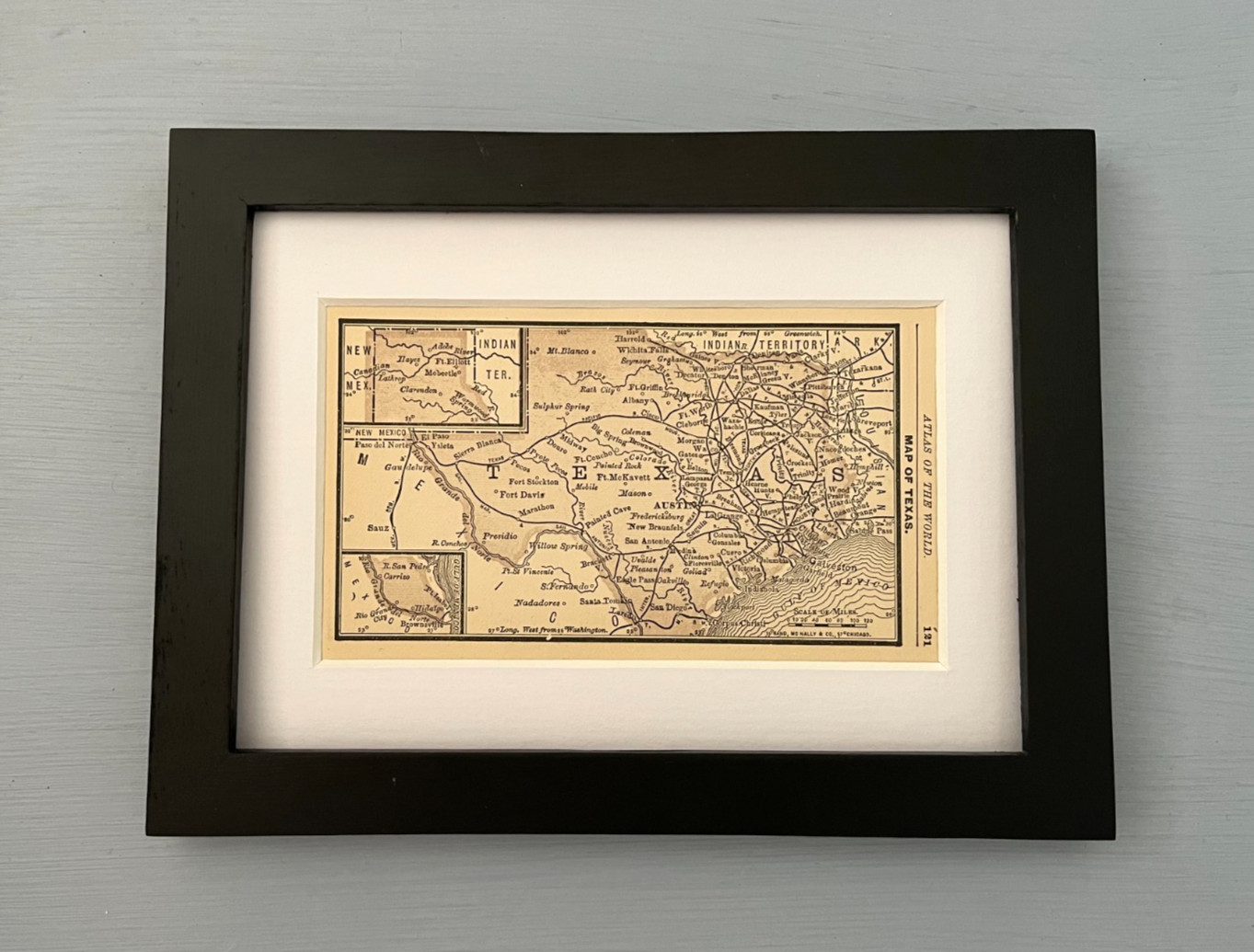 1888 Antique Framed Original Texas State Map Tiny Texas Matted Map