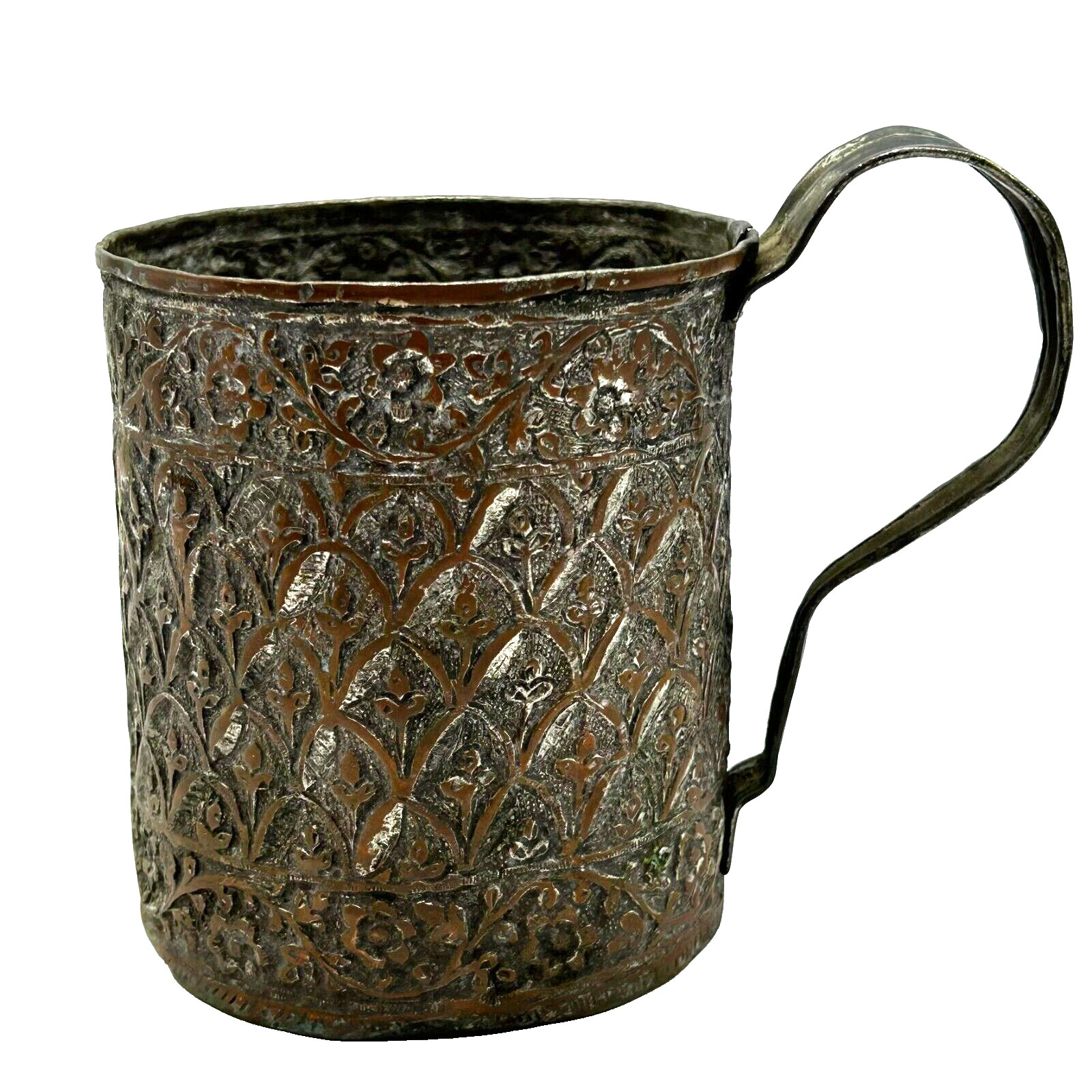 Antique Hammered Etched Embossed Galvanized Copper Metal Primitive Cup W/Handle