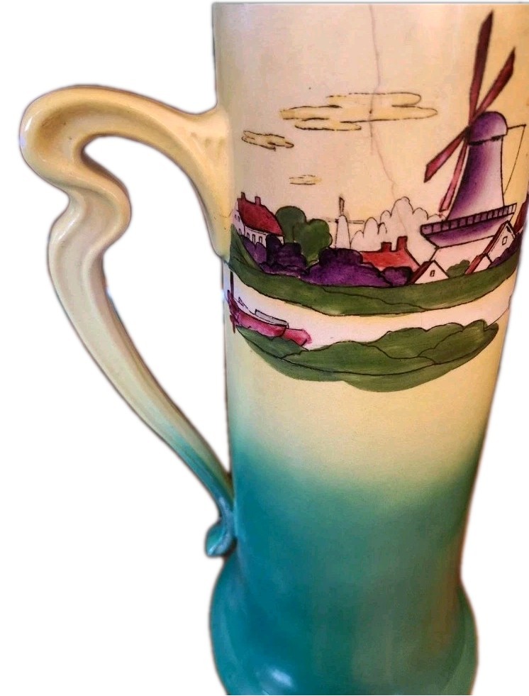 Large 13.5″ Antique Haynes Ware Holland Sunset Green Yellow Pottery Pitcher