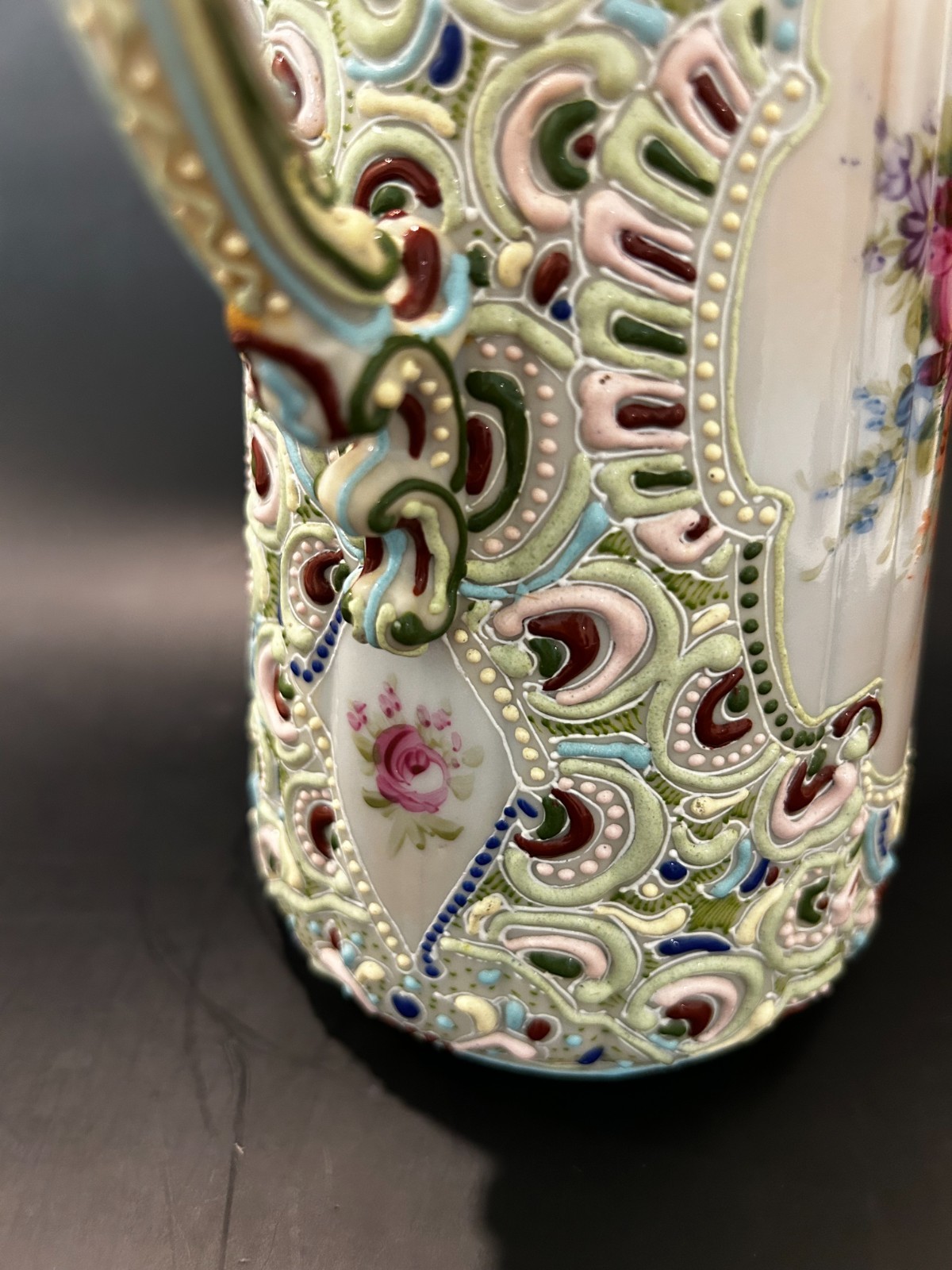 RARE Antique Nippon Jeweled Moriage Chocolate Pot FLUTED RIBBED Hand Painted 10″