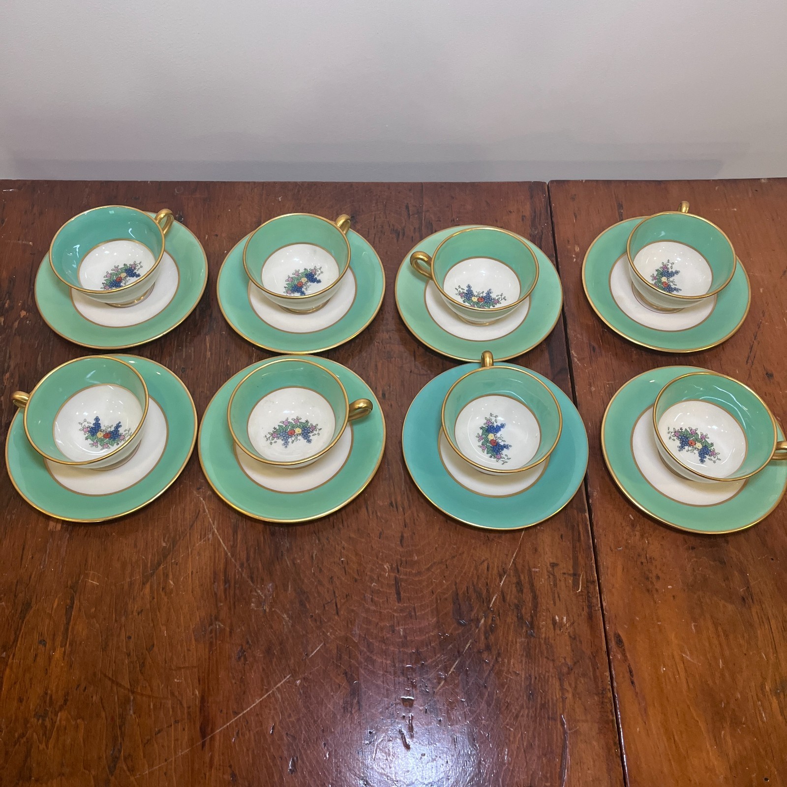 Set 8 Lenox Ovington Teal Gold Trim Demitasse Cup Saucer, Expresso Coffee, RARE!