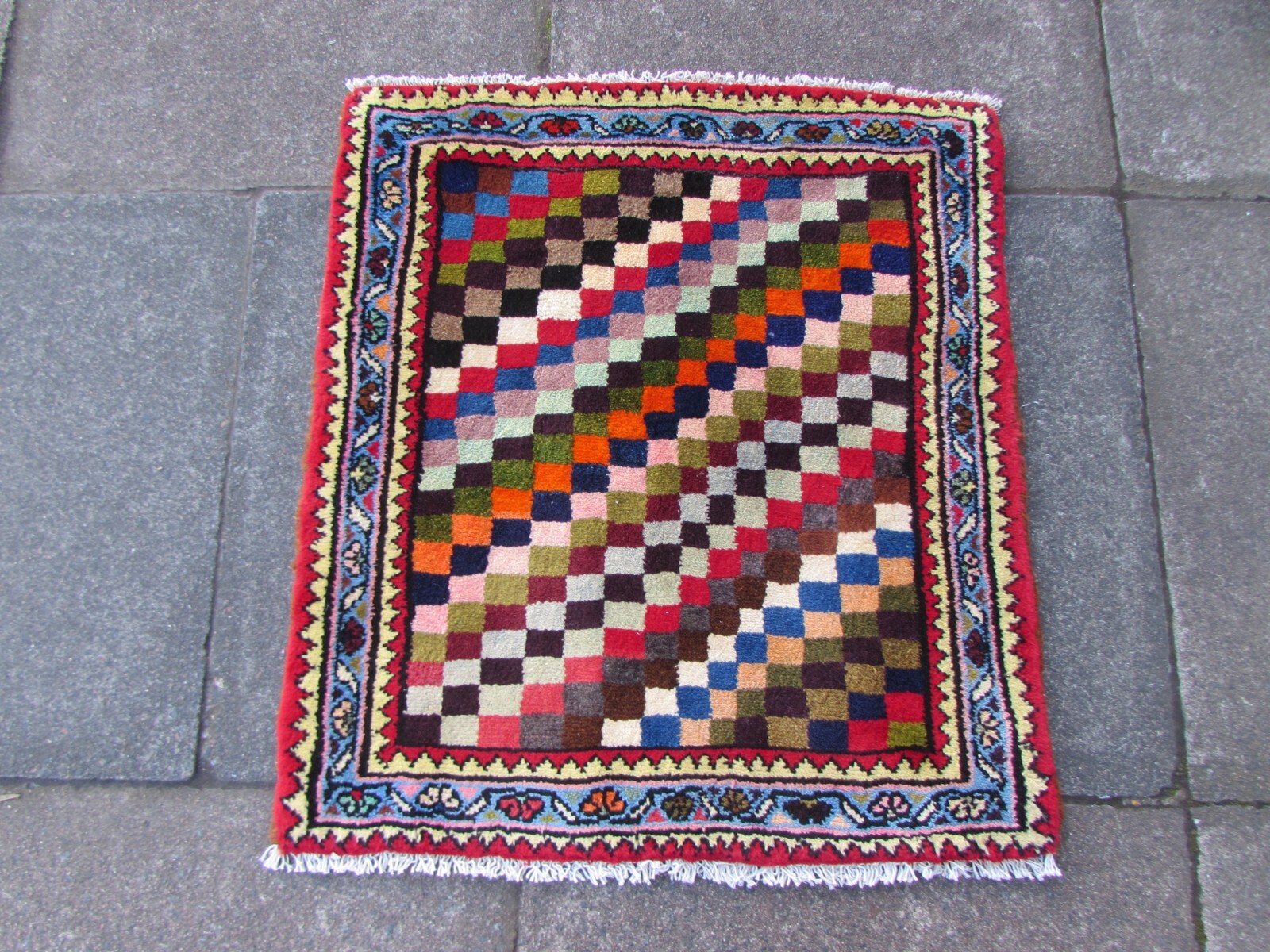 Vintage Traditional Hand Made Oriental Gabbe Wool Red Blue Rug 78x69cm