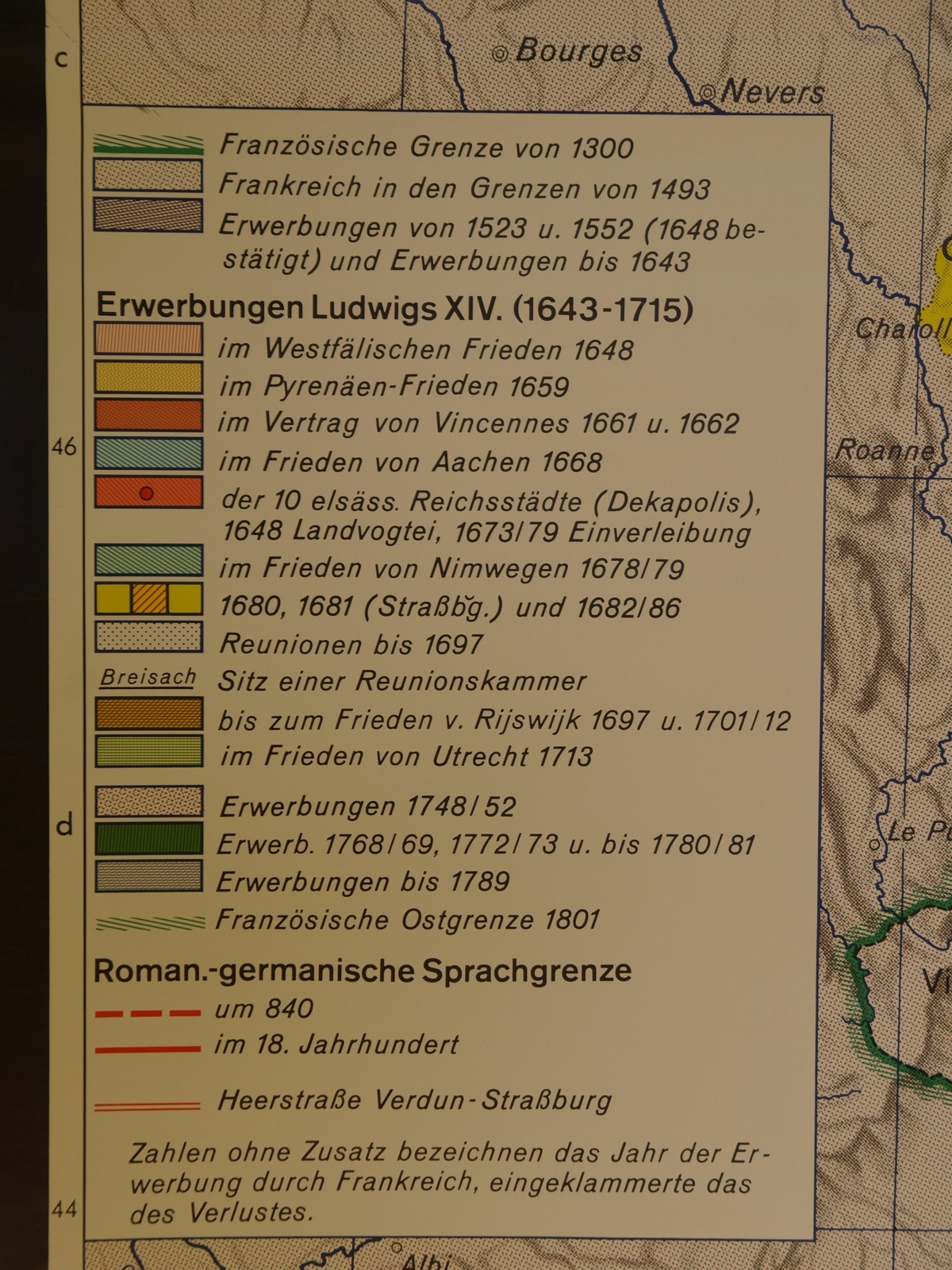 German-French Border Development Burgundy 1968 School Wall Map 132x201cm