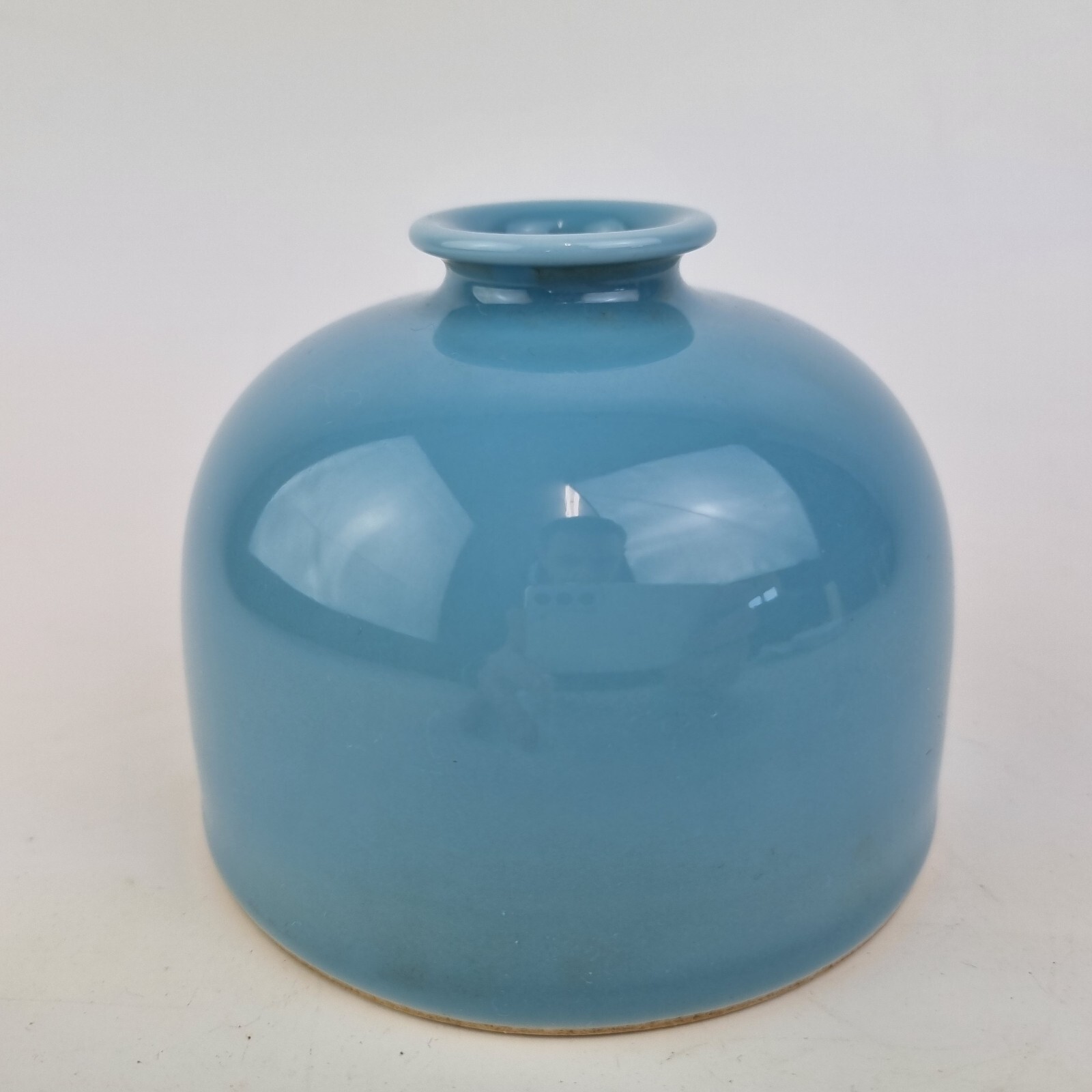 20thC Chinese Blue Glazed Water Pot Vase 6 Character Mark 8.5cm High