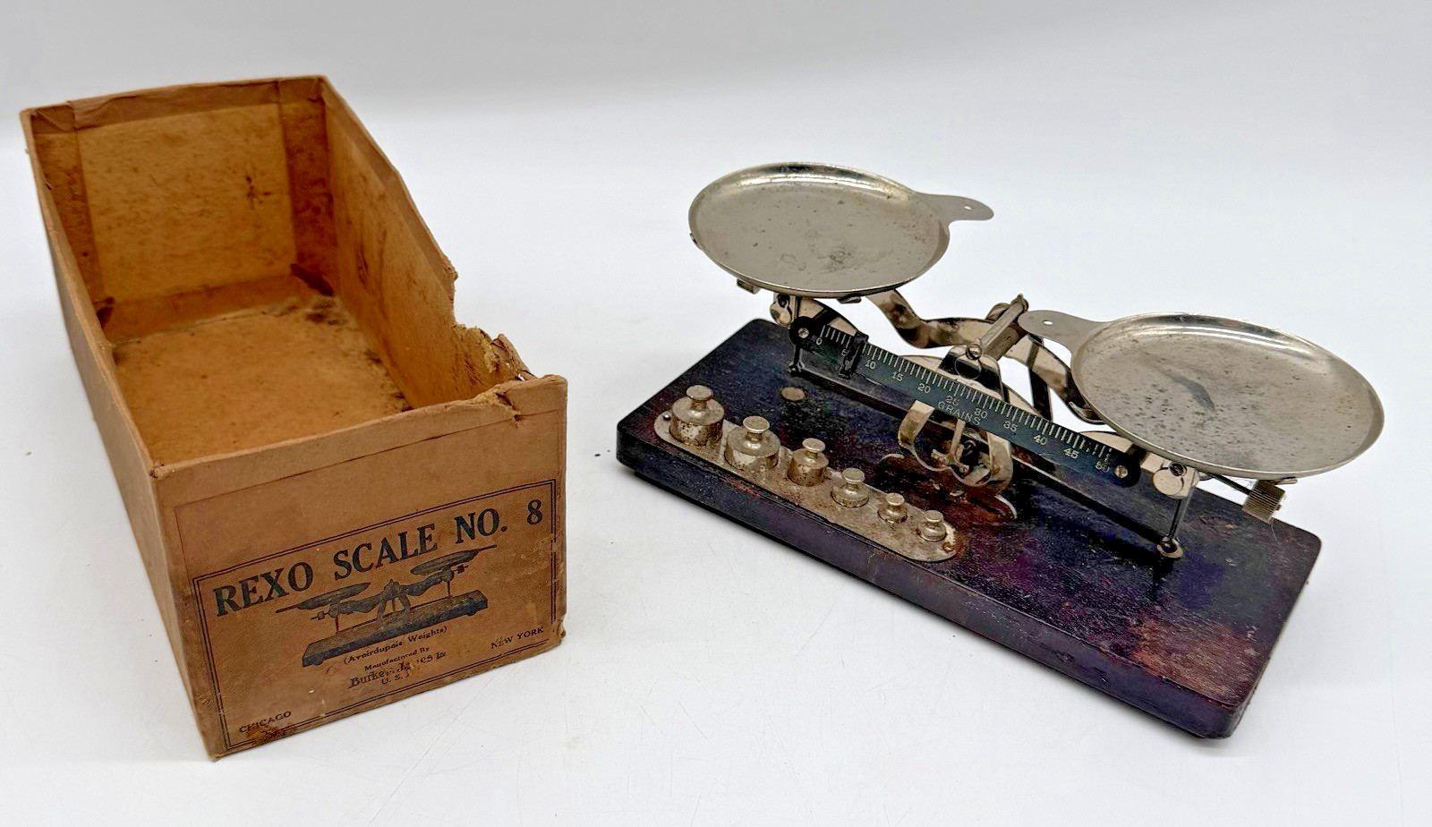 Antique Vintage Rexo No 8 Equal Arm Balance Scale Box Burke & James Photo