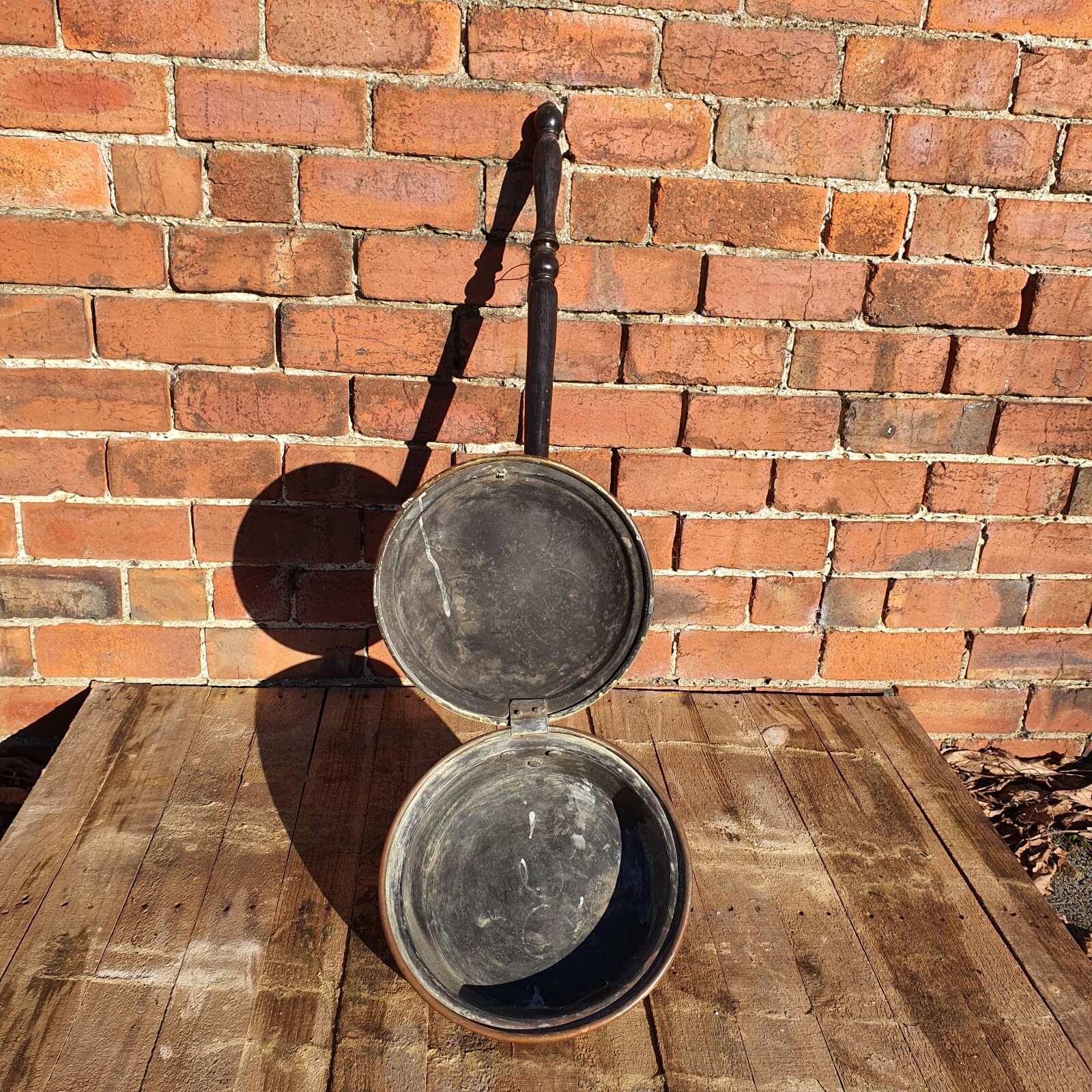 Copper/brass Bed Warming Pan Turned Hardwood Handle, Hook And Flora Detailing.