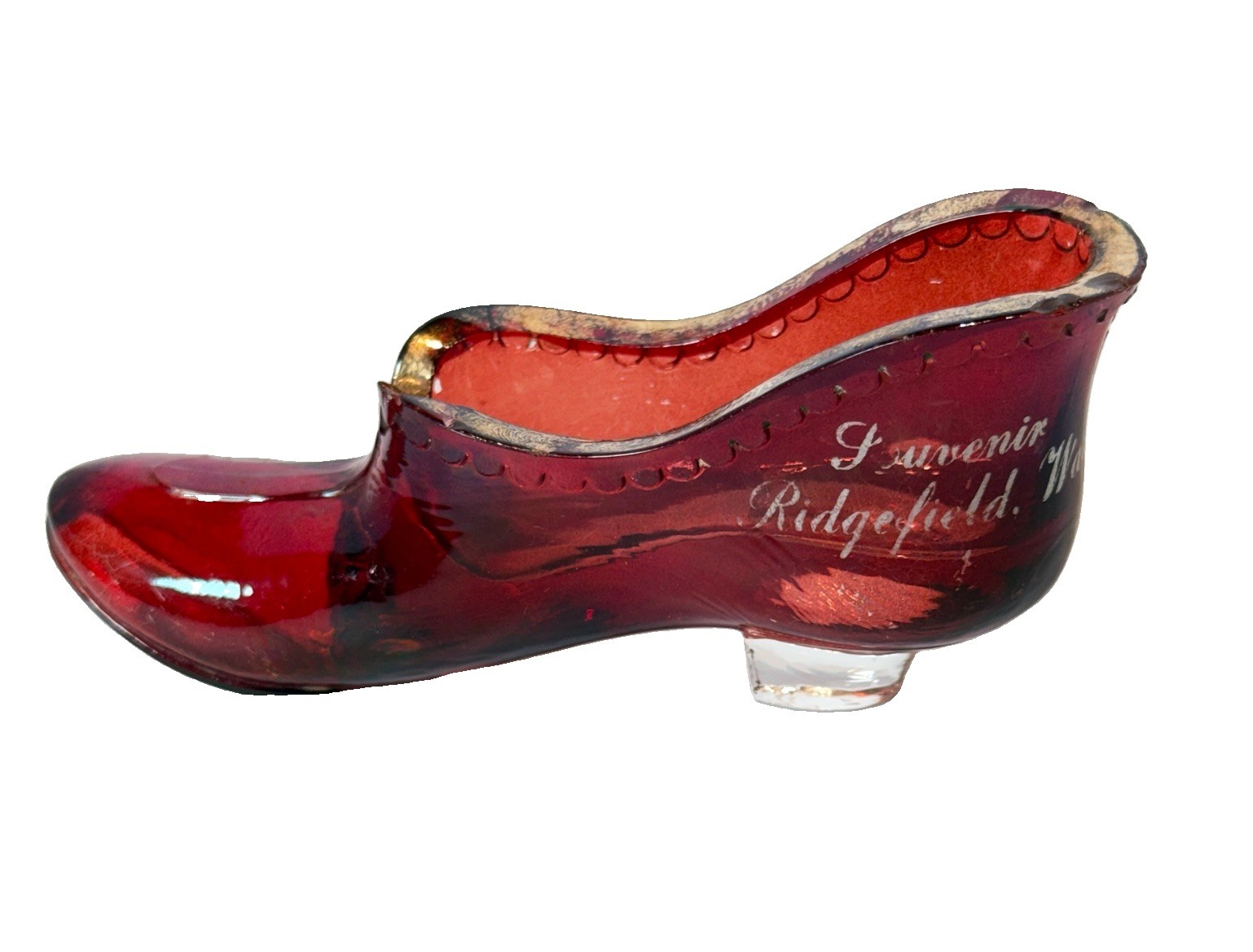 RIDGEFIELD WA WASHINGTON ANTIQUE Ruby Red Flash Souvenir Glass TRINKET SHOE