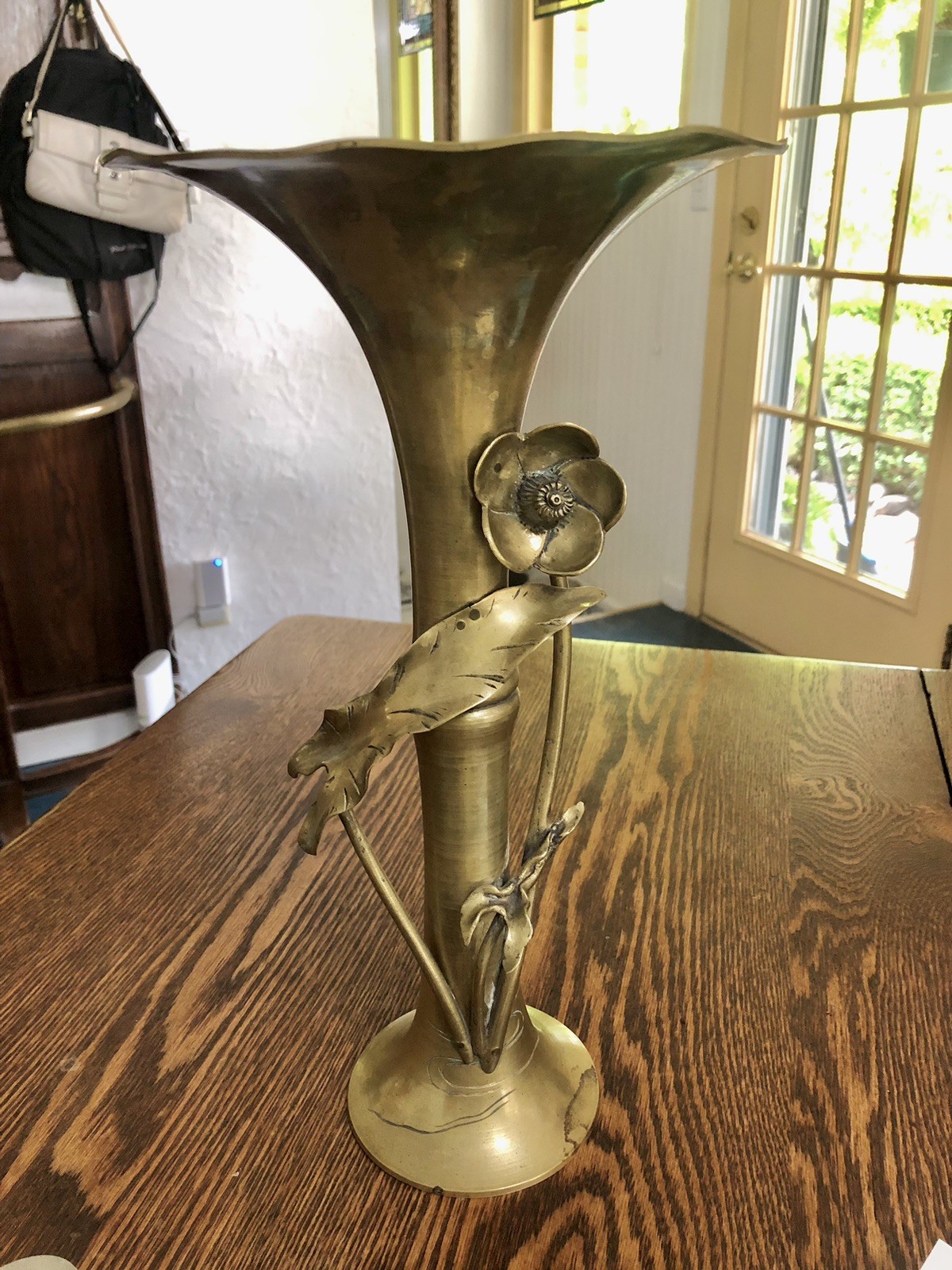 14″ Antique Floral Brass Vase Styled In Japanese Meiji Period/Art Nouveau Period