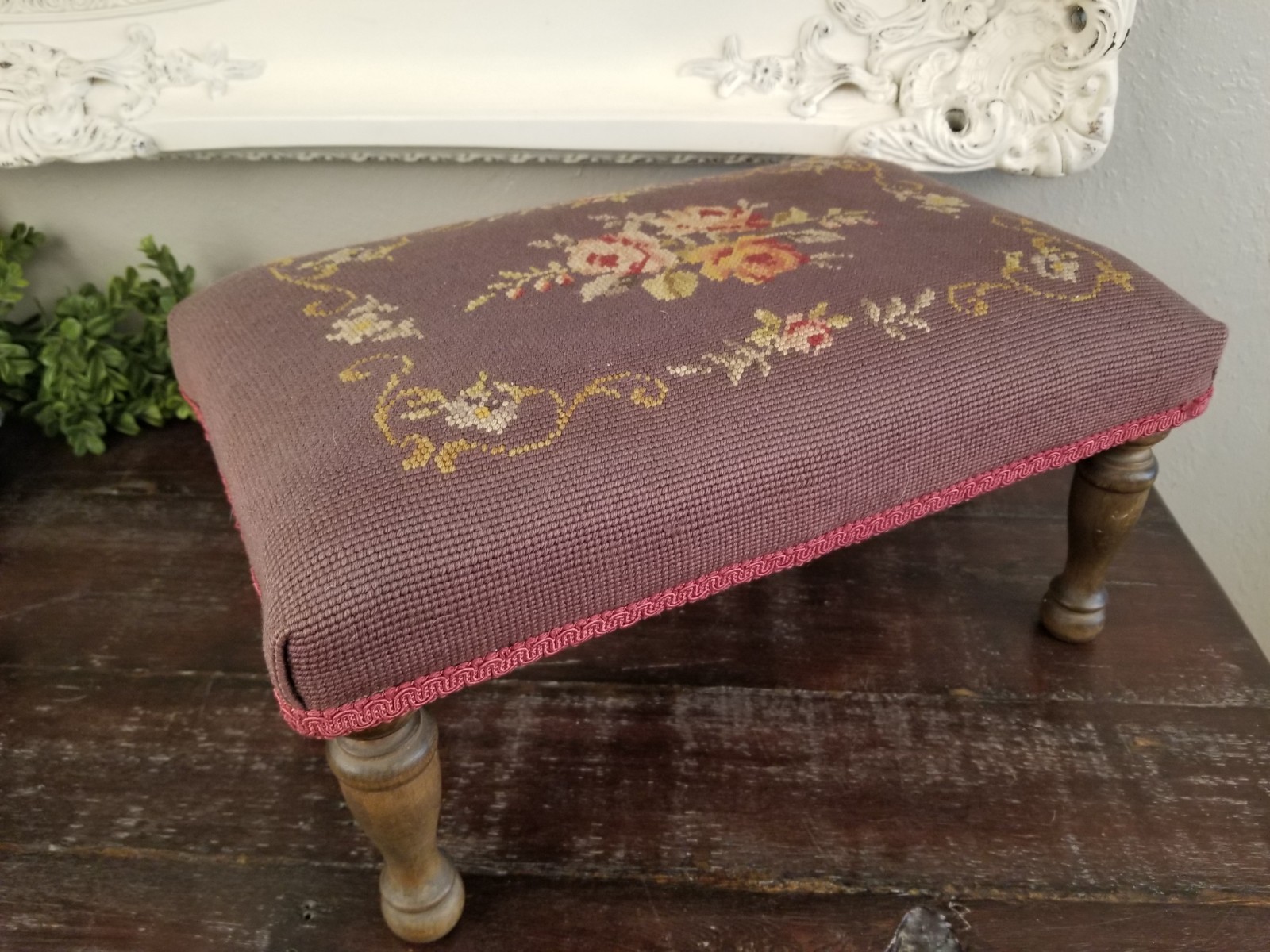 Antique Early 1900’s Floral & Rose Needlepoint Wooden Footstool in Deep Mauve