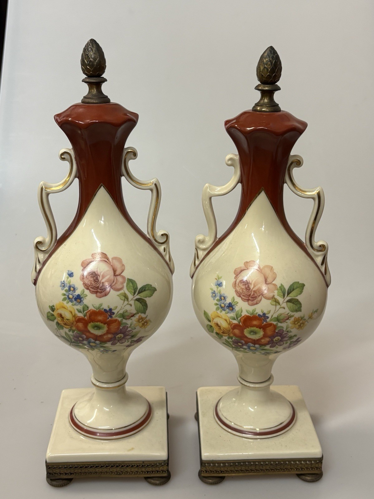 Vintage Porcelain Floral Decor Brass Finials 14.5” SET OF 2