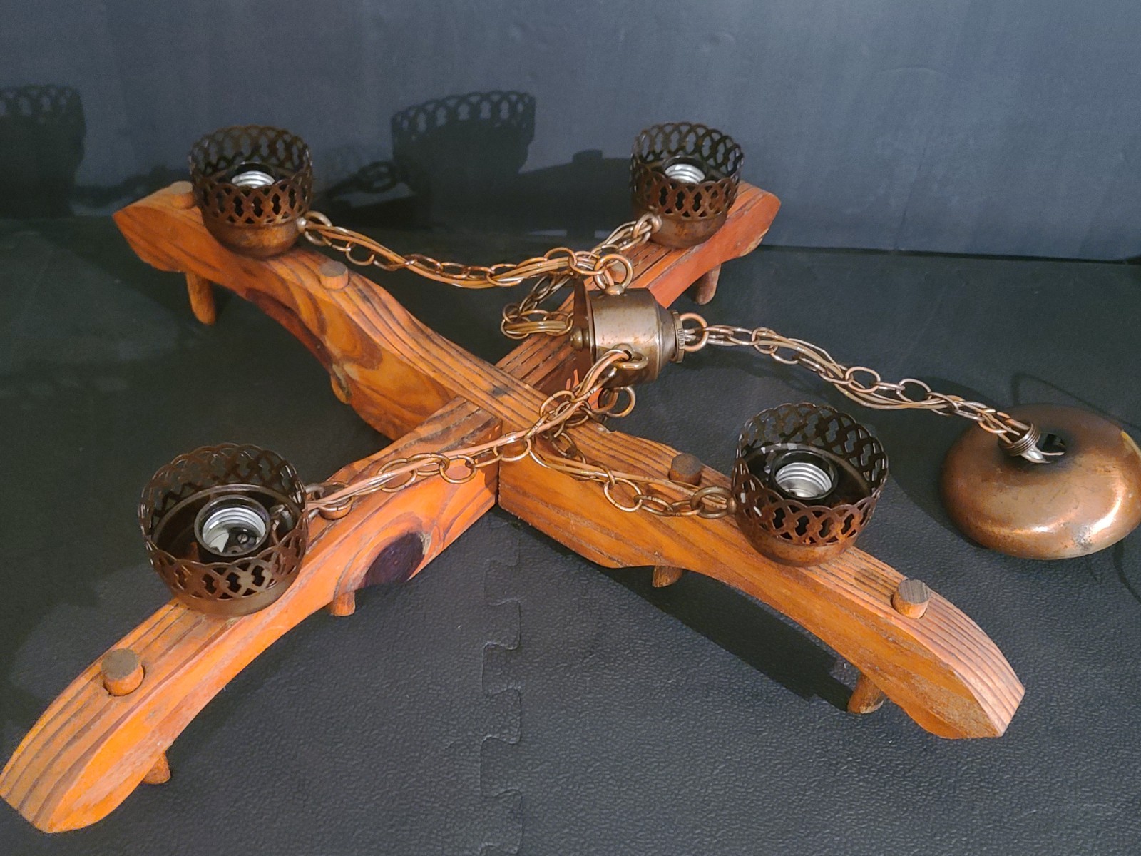 Vintage Antique Rustic Lamp Cabin Ceiling 4 Light Wood Copper Toned Chandelier