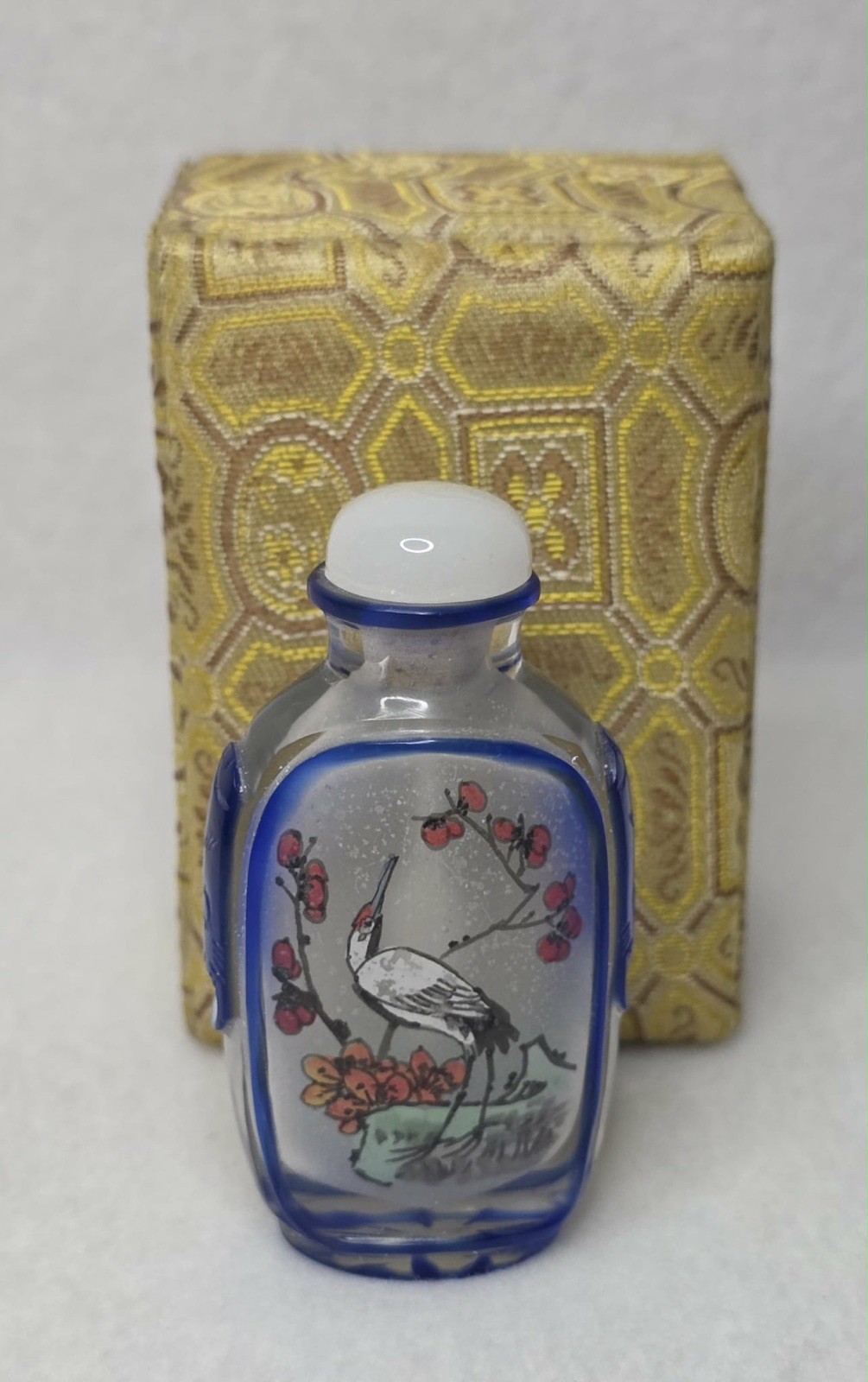 Chinese Glass Reverse Painted Snuff Bottle With 2 Scenes Krane & Boats