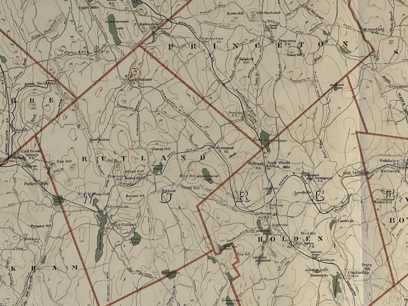 Original 1891 Map,Worcester,Shrewsbury,Northborough,Boylston,Westborough,Mass MA