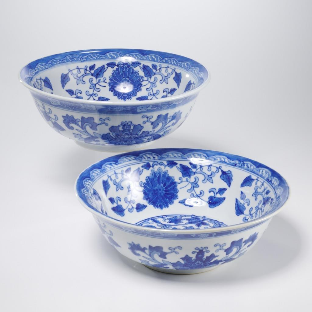 Chinese Vtg Blue White Medium Soup Salad Serving Mixing Bowls Pair 10″dia A