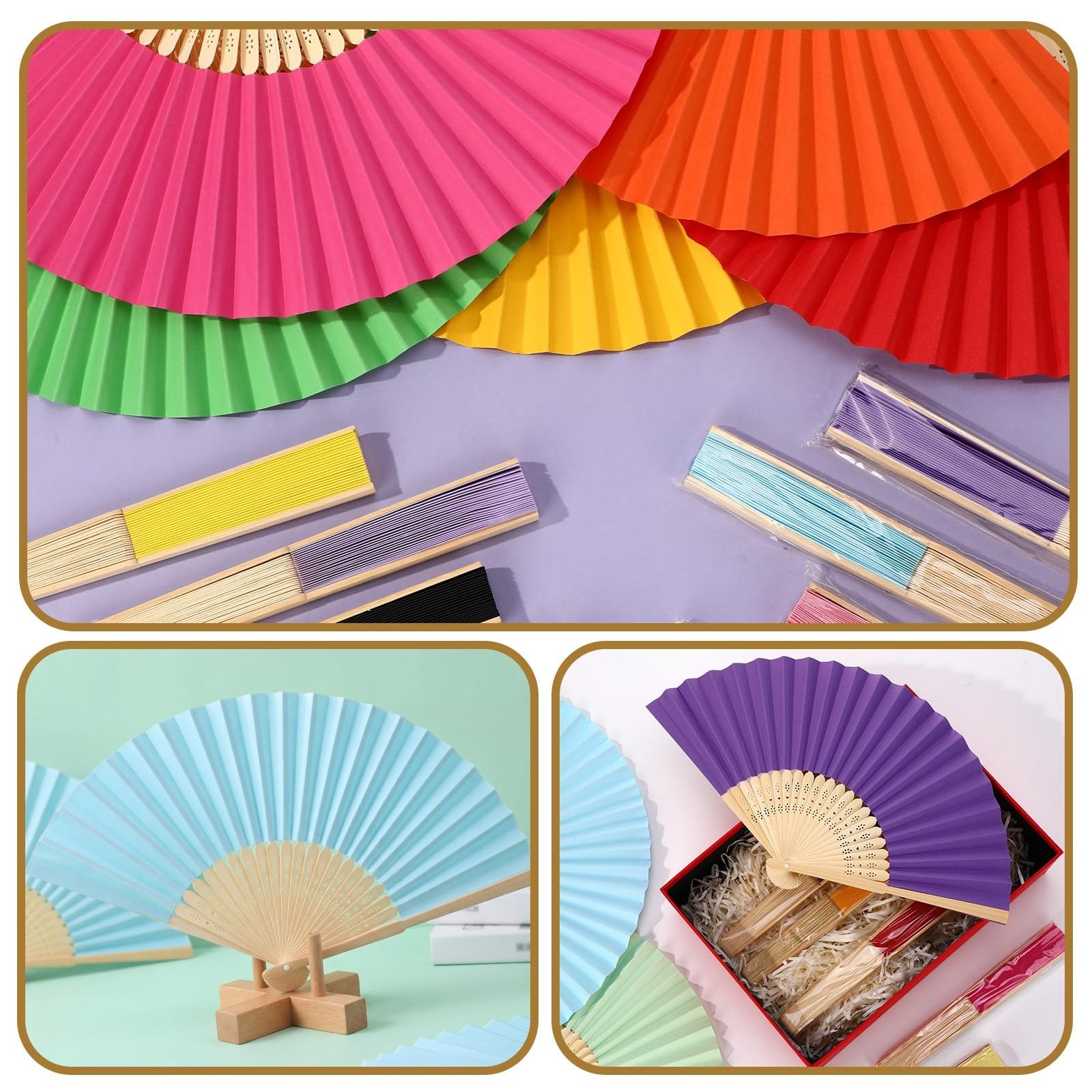 Qunclay 150 Pcs Bright Color Paper Hand Fans Bulk Bamboo Folding Handheld Wed…