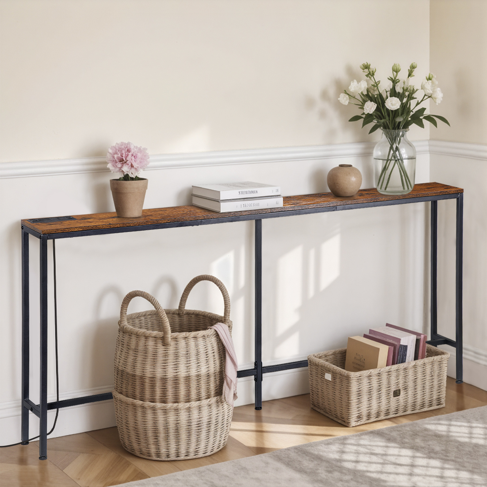 71″ Console Table w/ Power Outlet Narrow Sofa Table Entry Table with Metal Frame