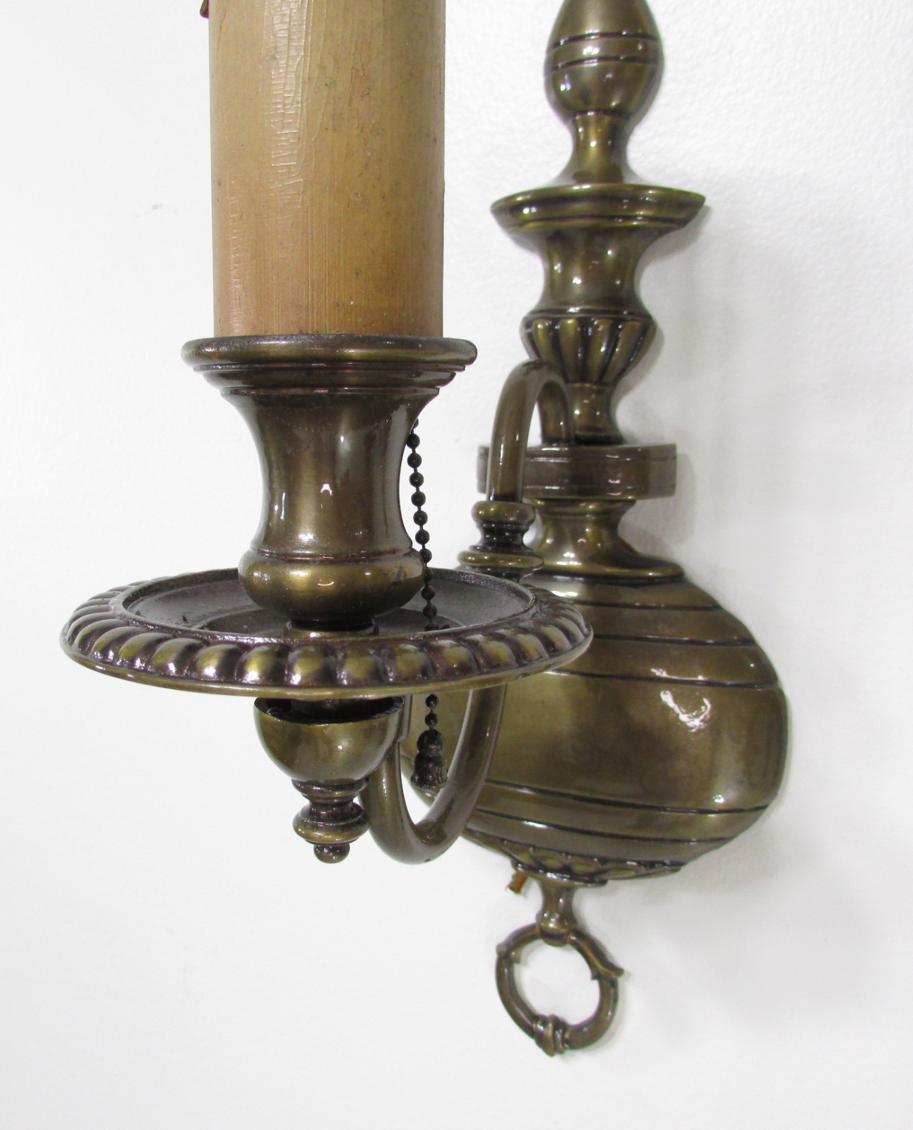 PAIR ANTIQUE HARD WIRED SOLID BRASS CANDLE STICK WALL SCONCE / PULL CHAIN ON/OFF