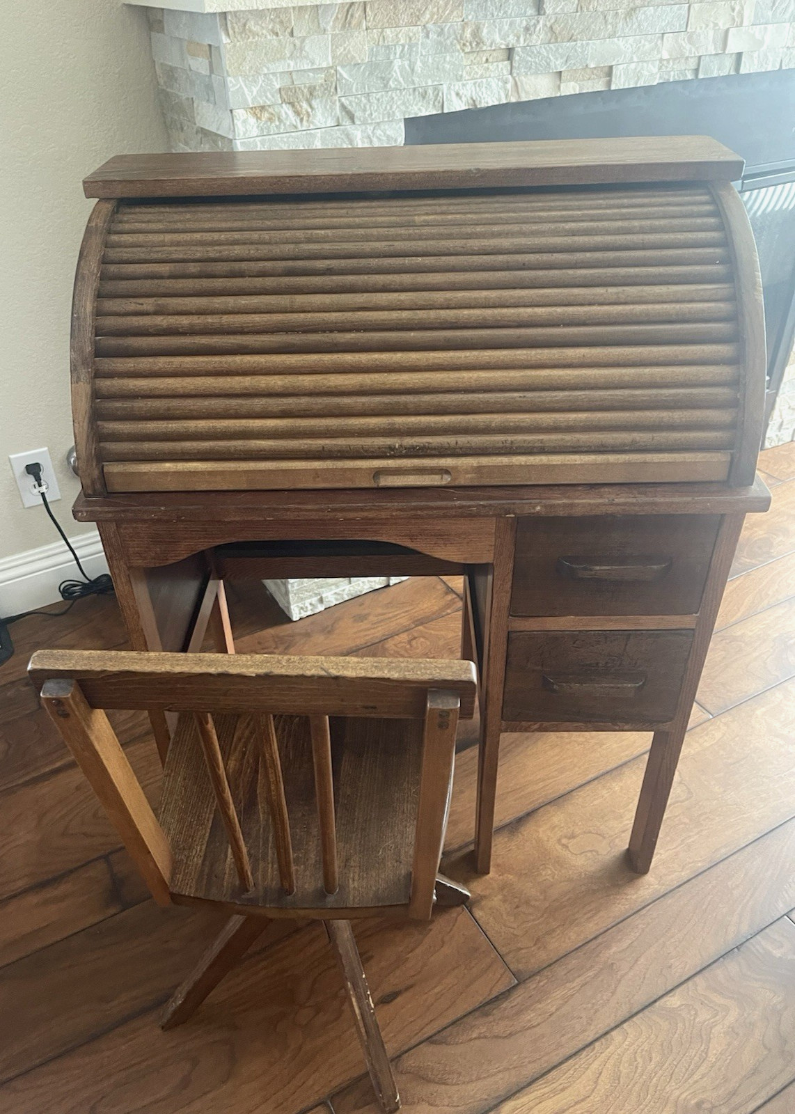 Vintage Eastman Children’s Wooden Roll Top Writing Desk and chair