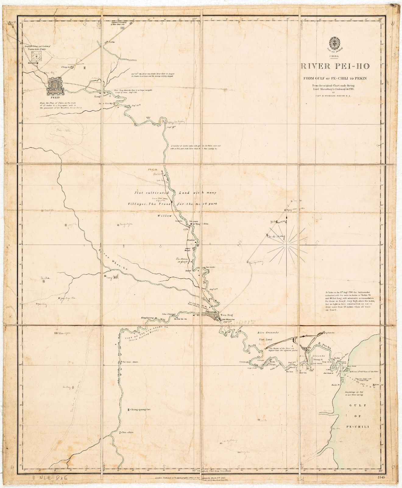 1857 British Admiralty Map of Hai River (Pei-Ho) northern China, Opium Wars