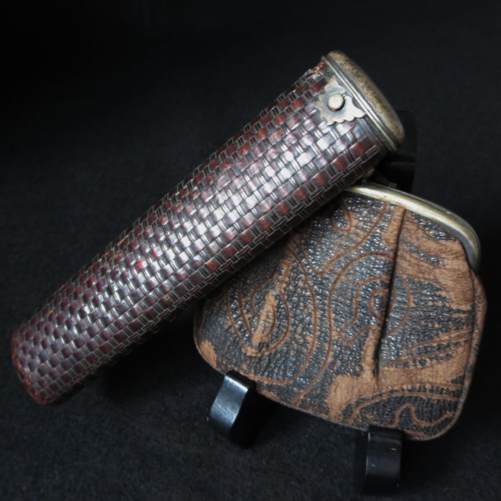 Antique Japanese Lacquered Woven Case & Suede Coin Purse Set Taisho–Pre‑War Era