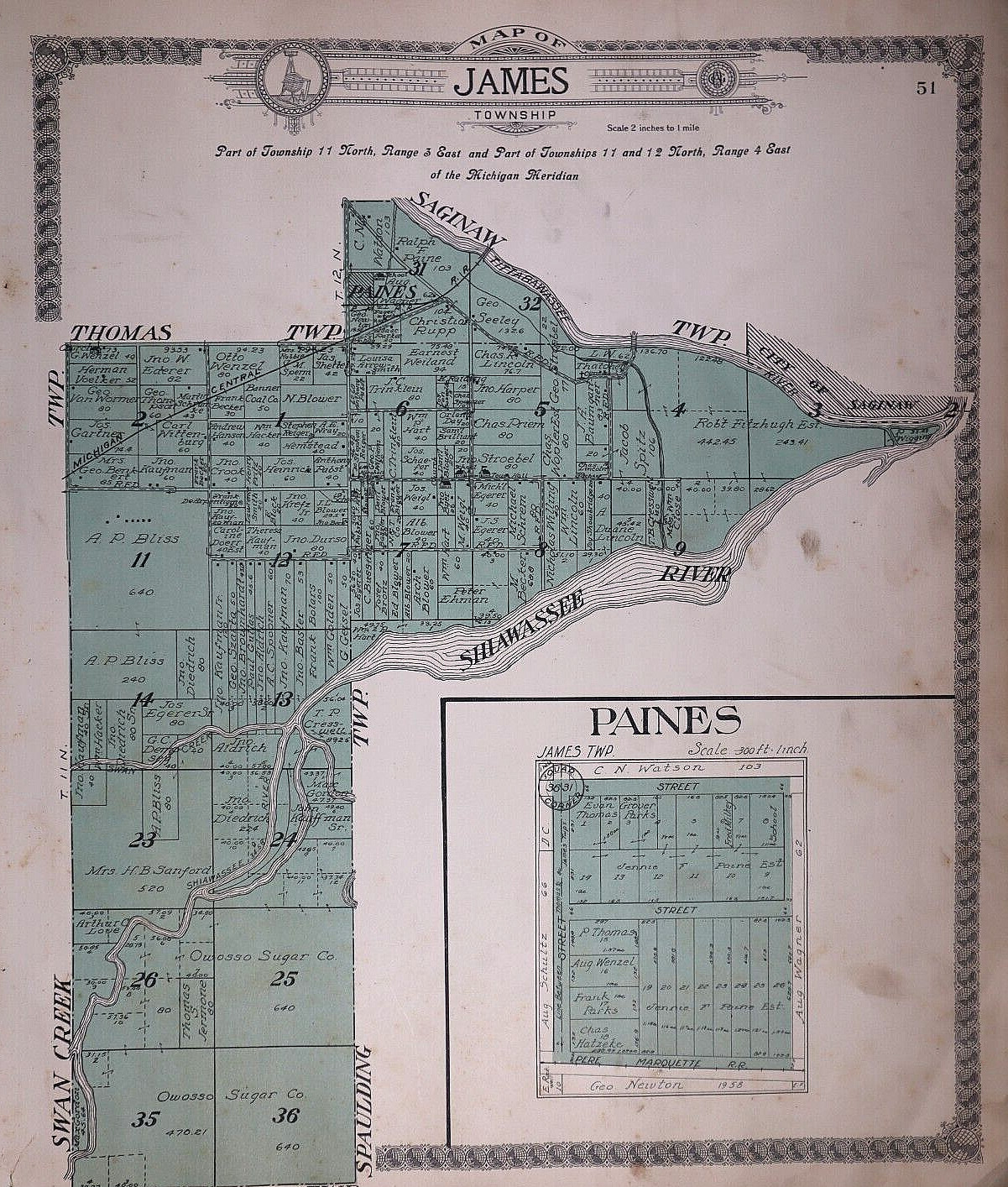 1916 Map JAMES – PAINES Twp., SAGINAW, Co., MICHIGAN / SPALDING Twp. on Reverse