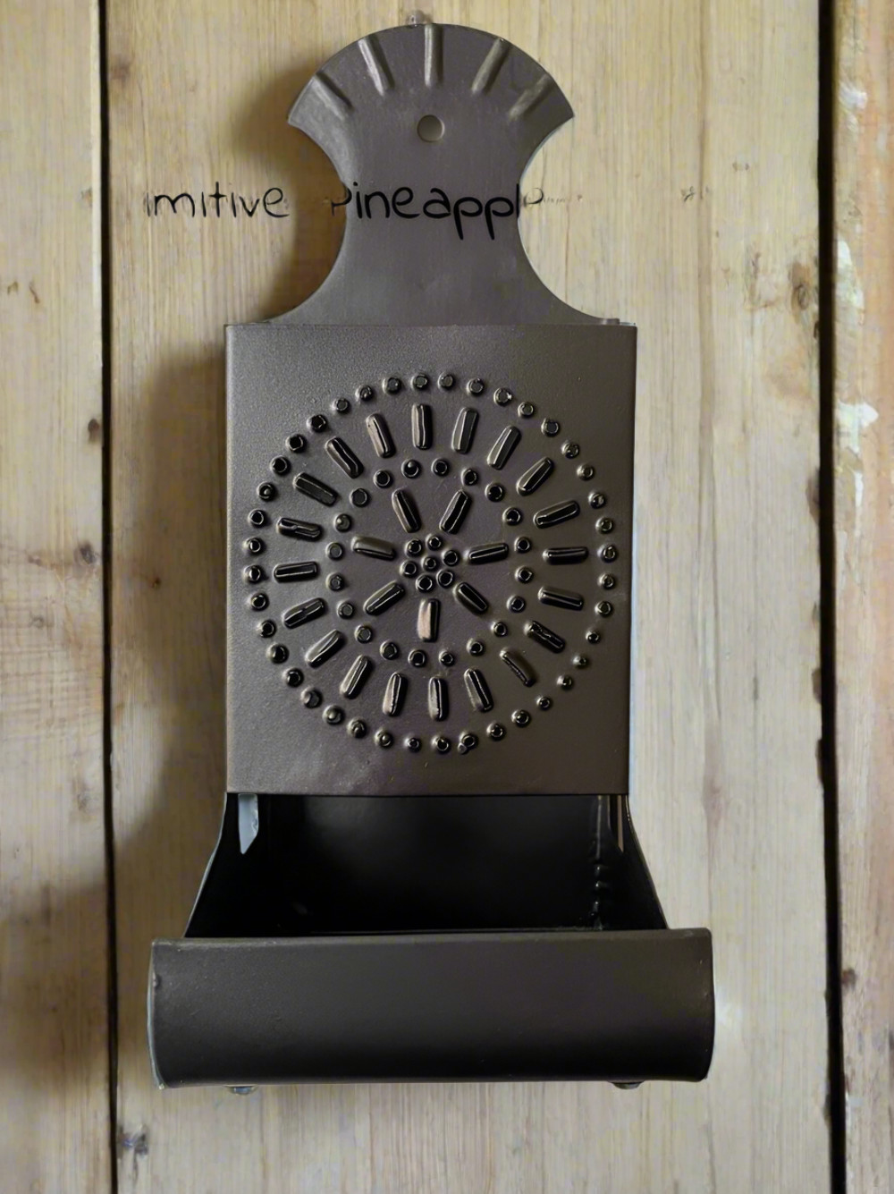 Primitive Colonial Wall Decor Black Punched Tin Matchbox Holder 8″
