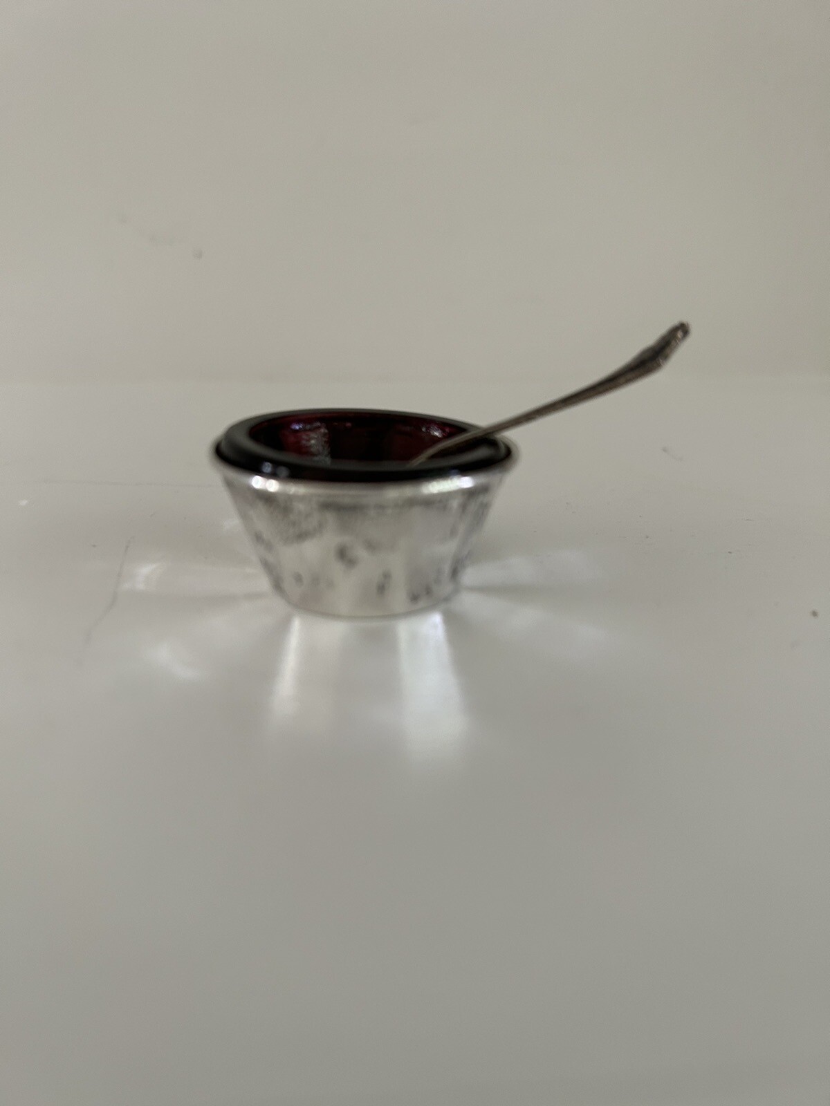 Sterling Silver Salt Cellar With Sterling Spoon And Deep Purple Glass Insert