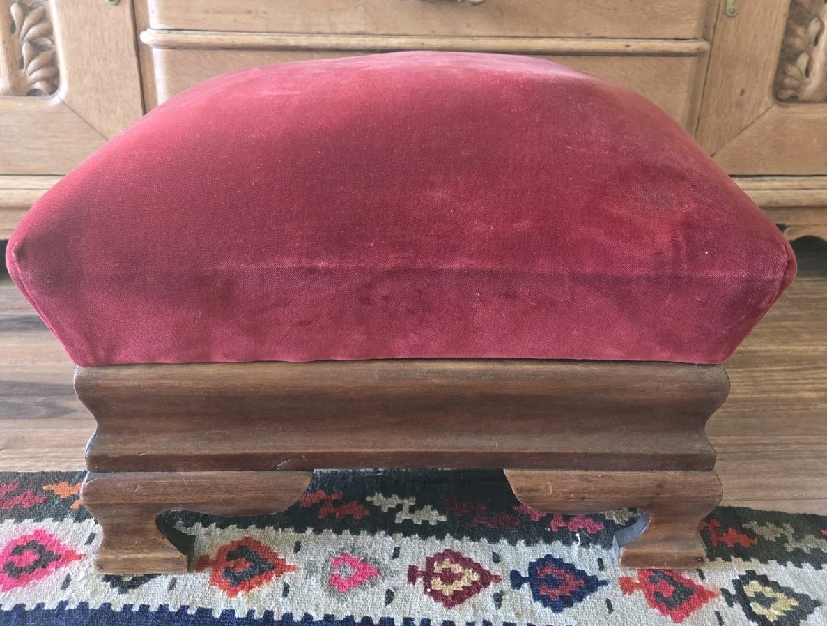 Antique Mahogany Wood Empire Footstool Stool Velvet Covered