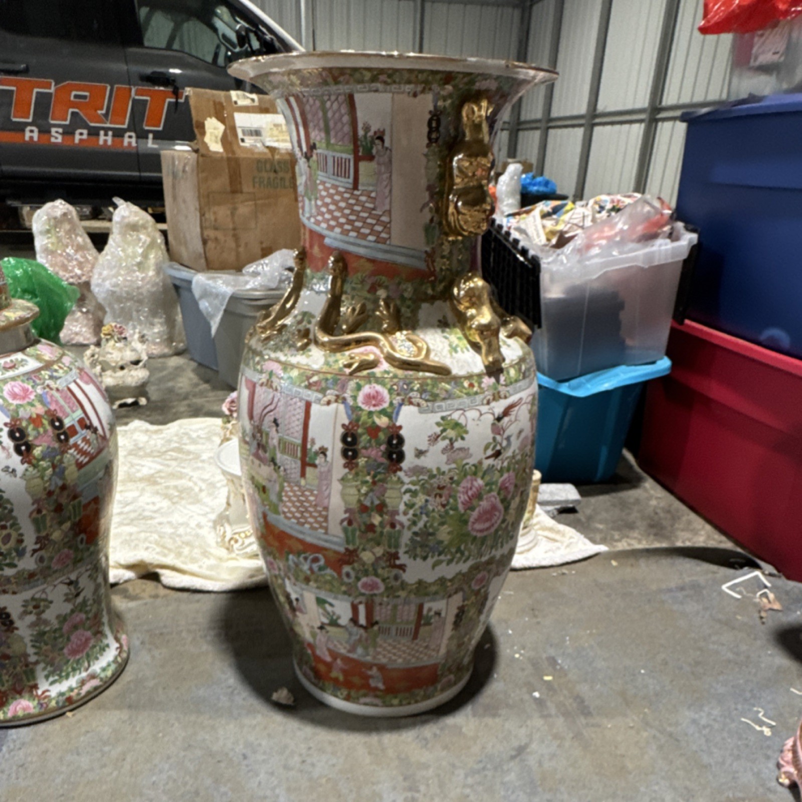 Chinese Multi-Color Porcelain Vase with Gold Accents, Floral & Figurative Motifs