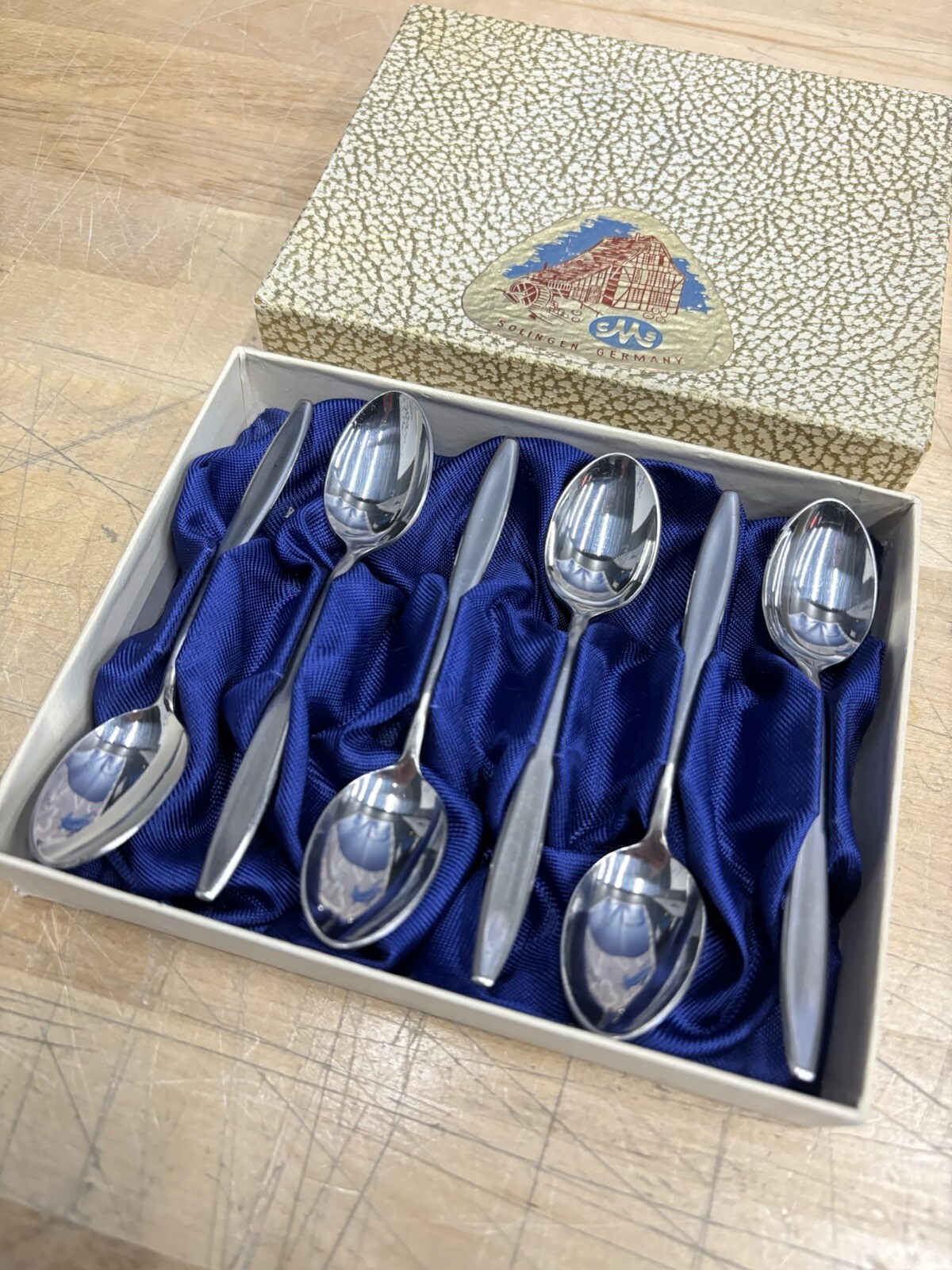 CMS Solingen Germany Stainless Steel Set Of 6 Mini Silver Spoons In Original Box
