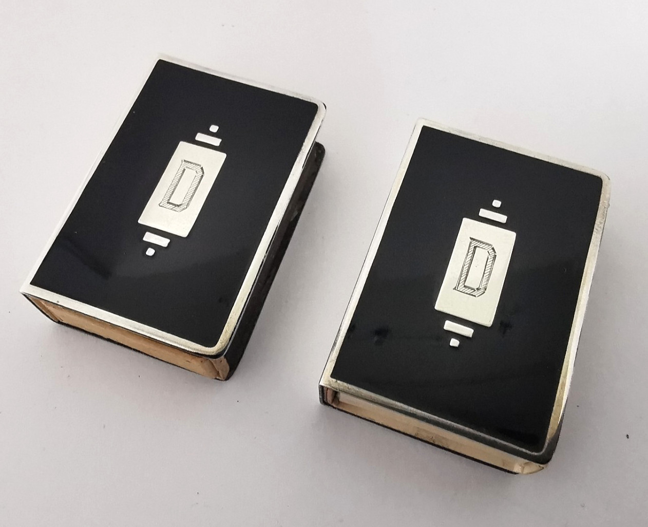 Pair Of Solid Silver & Enamel Match Box Holders.