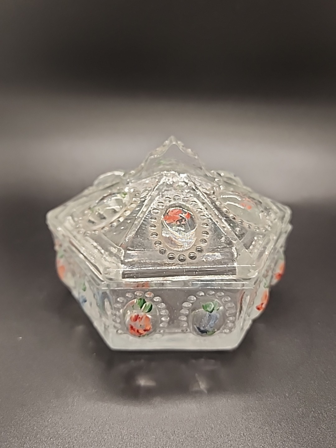 1940s Vtg LE Smith Beaded Medallion Covered Vanity Powder Dish Jar Trinket Box