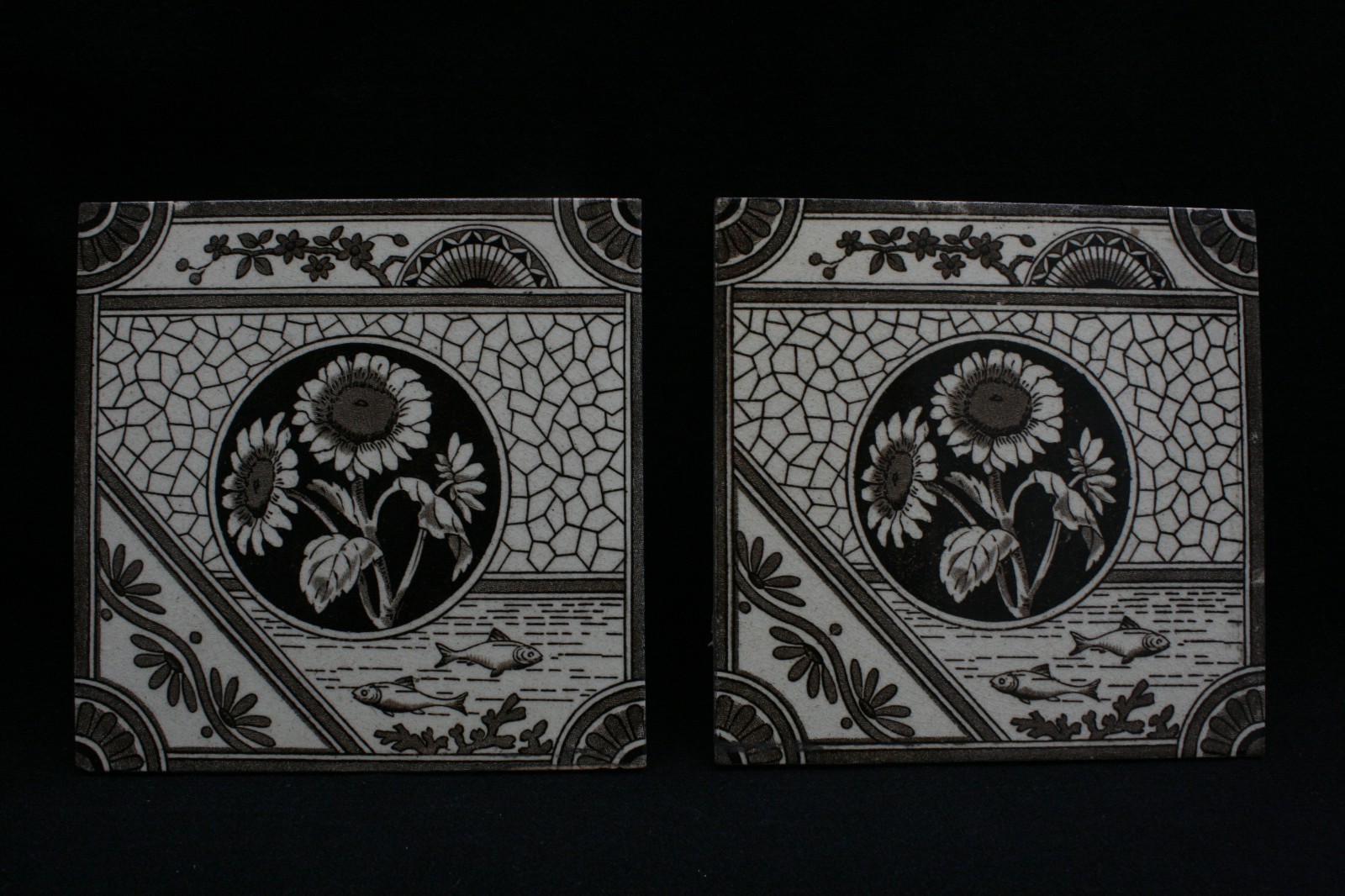 T A Simpson Tile X2. Sunflower & Fish Victorian Aesthetic Movement.Antique 1800s