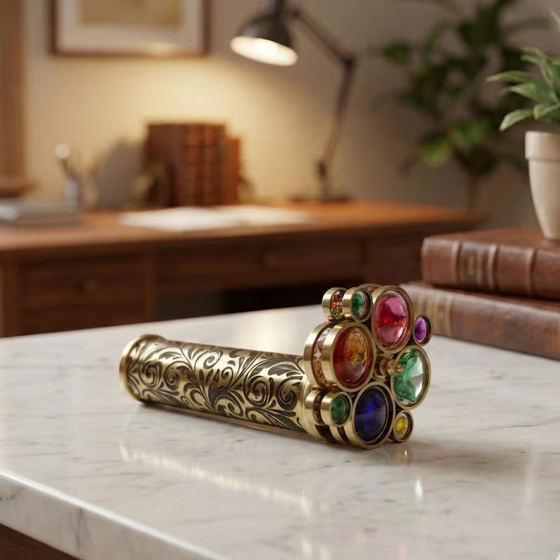 Brass Kaleidoscope with Gemstone Lens on Engraved Wooden Stand Collectible
