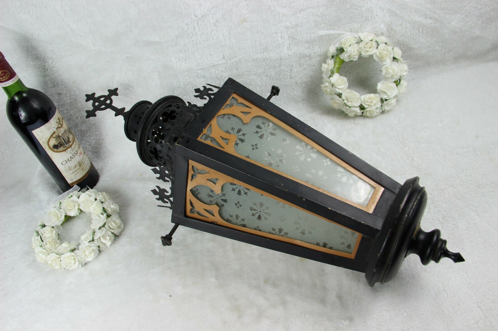Religious gothic church Lantern light metal black cross Glass Candle holder
